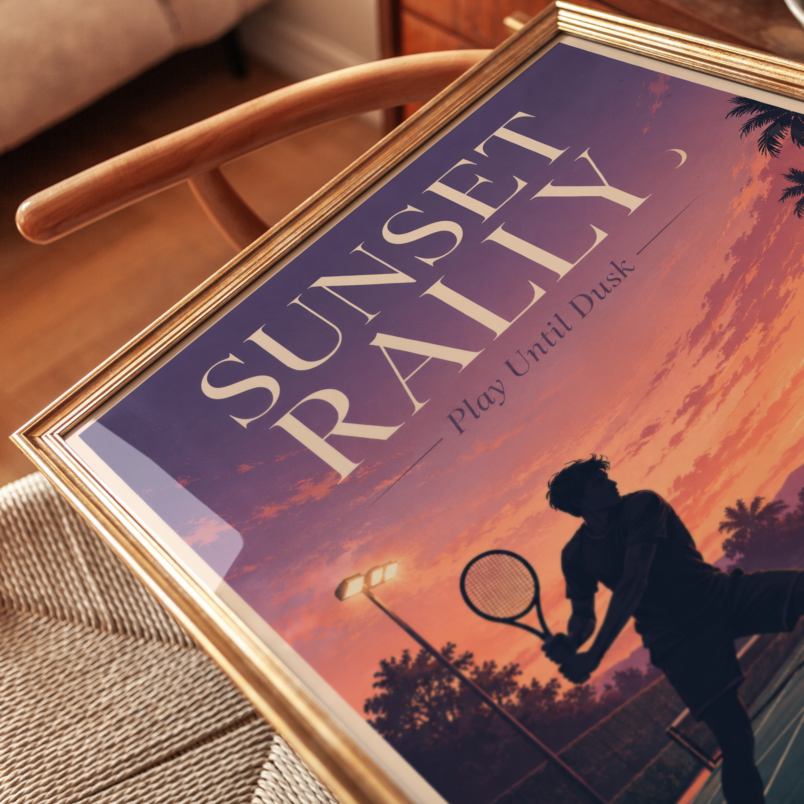 Sunset Tennis Court Poster: Retro Palm Tree Silhouette Art - detail