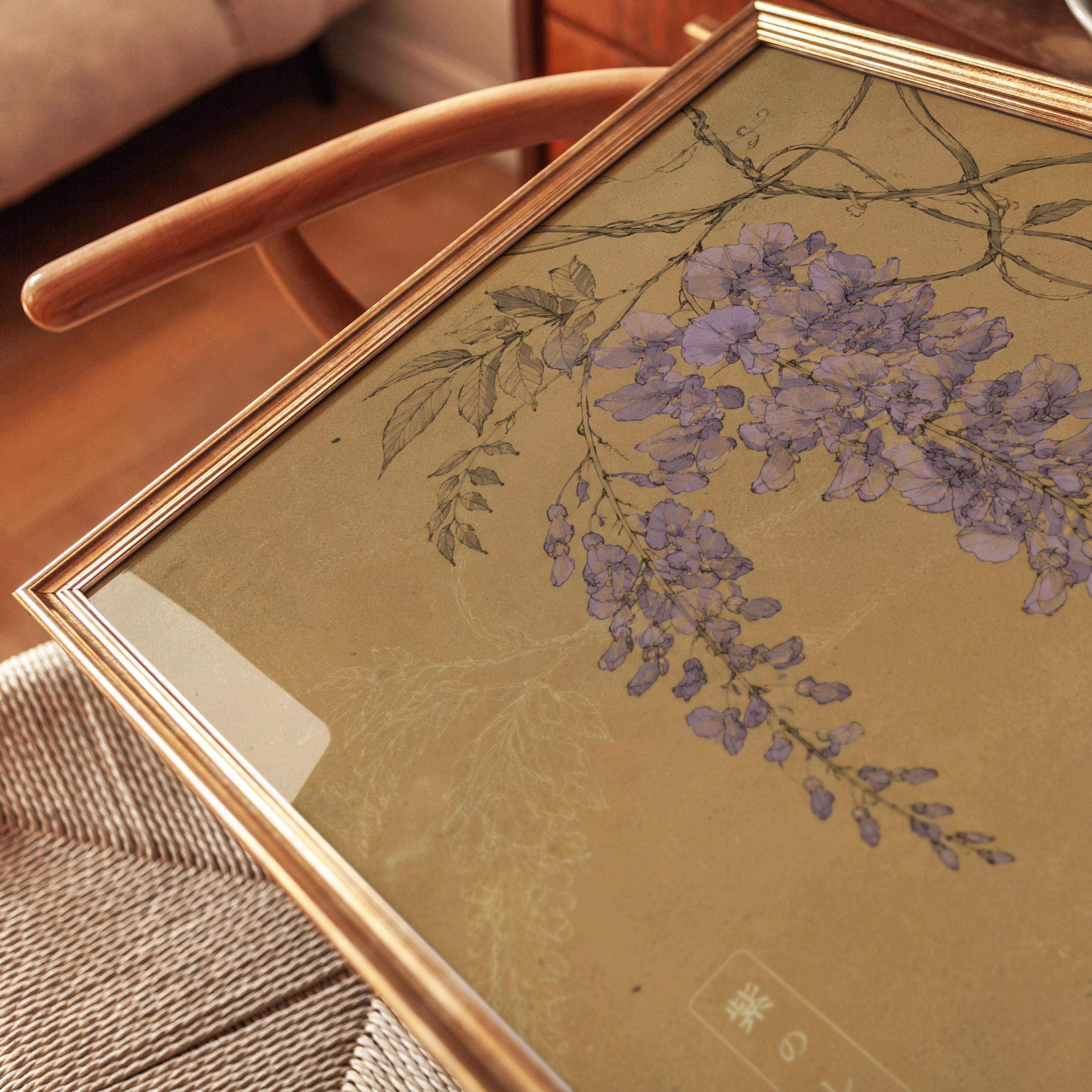Japanese Wisteria Art Print — Vintage Gold Botanical Illustration - detail