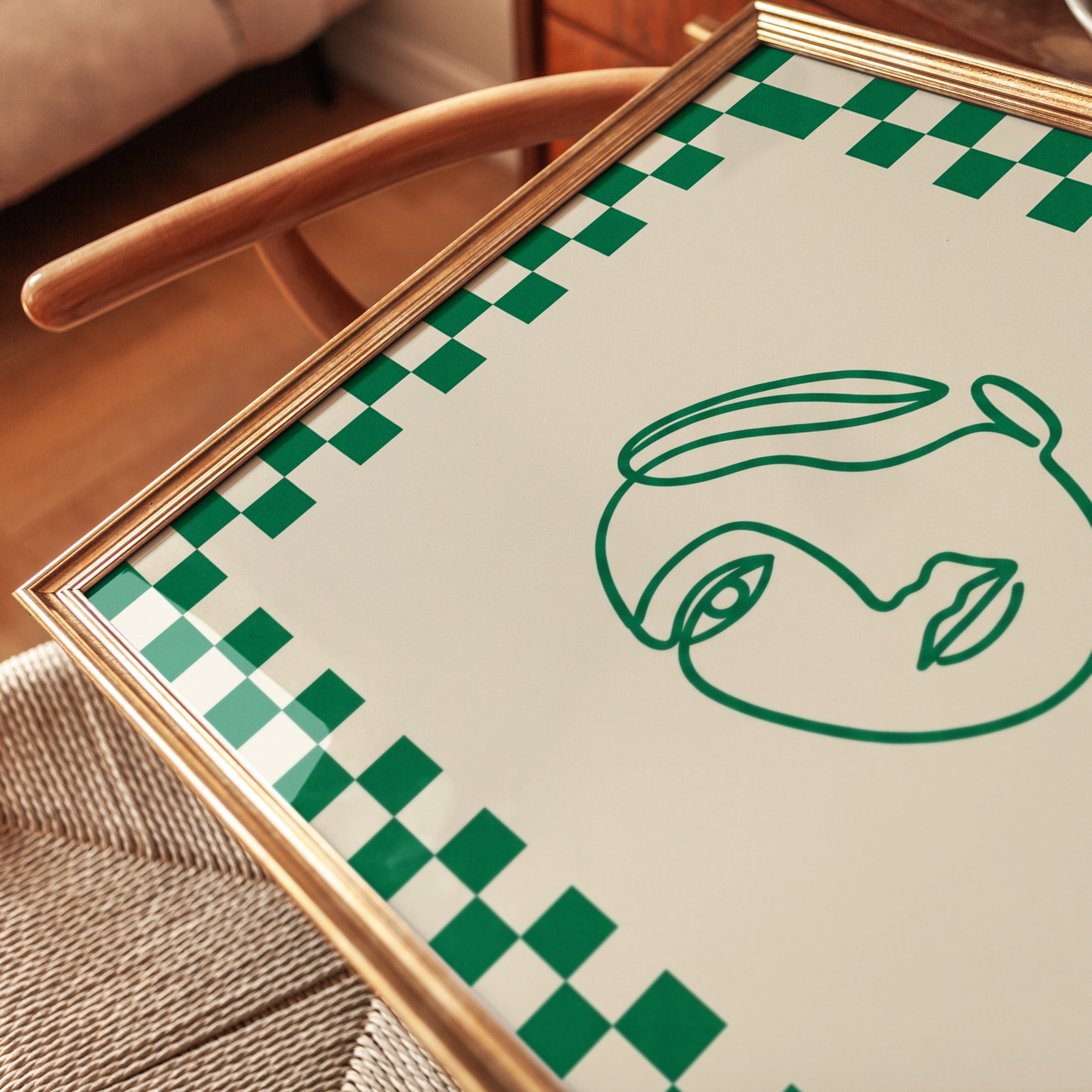 Minimalist Line Art Face Print: Green Geometric Portrait Poster - detail