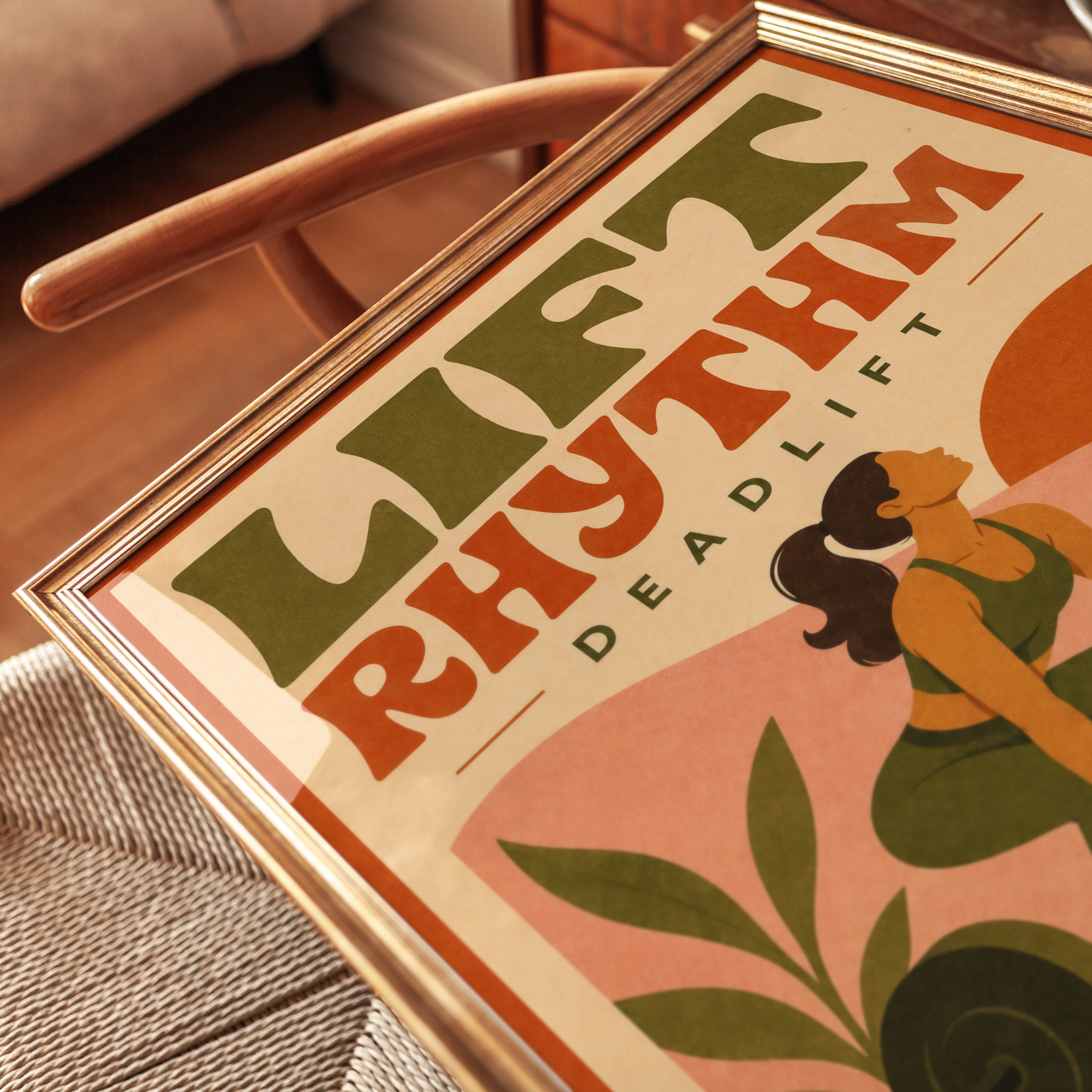 Vintage Deadlift Poster Print: Retro Gym Art in Warm 70s Colors - detail