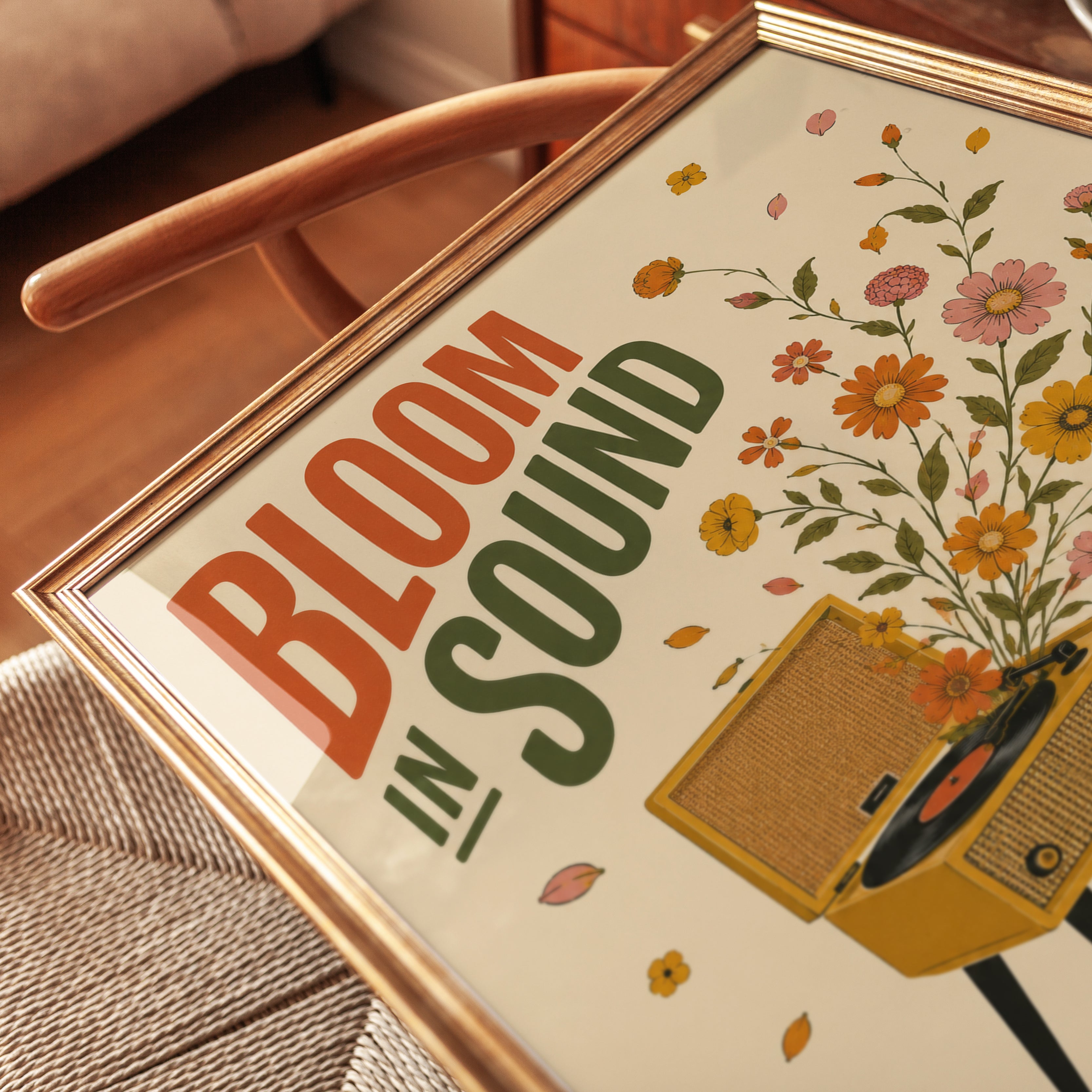 Vintage Record Player with Autumn Florals: Retro Music Poster - detail