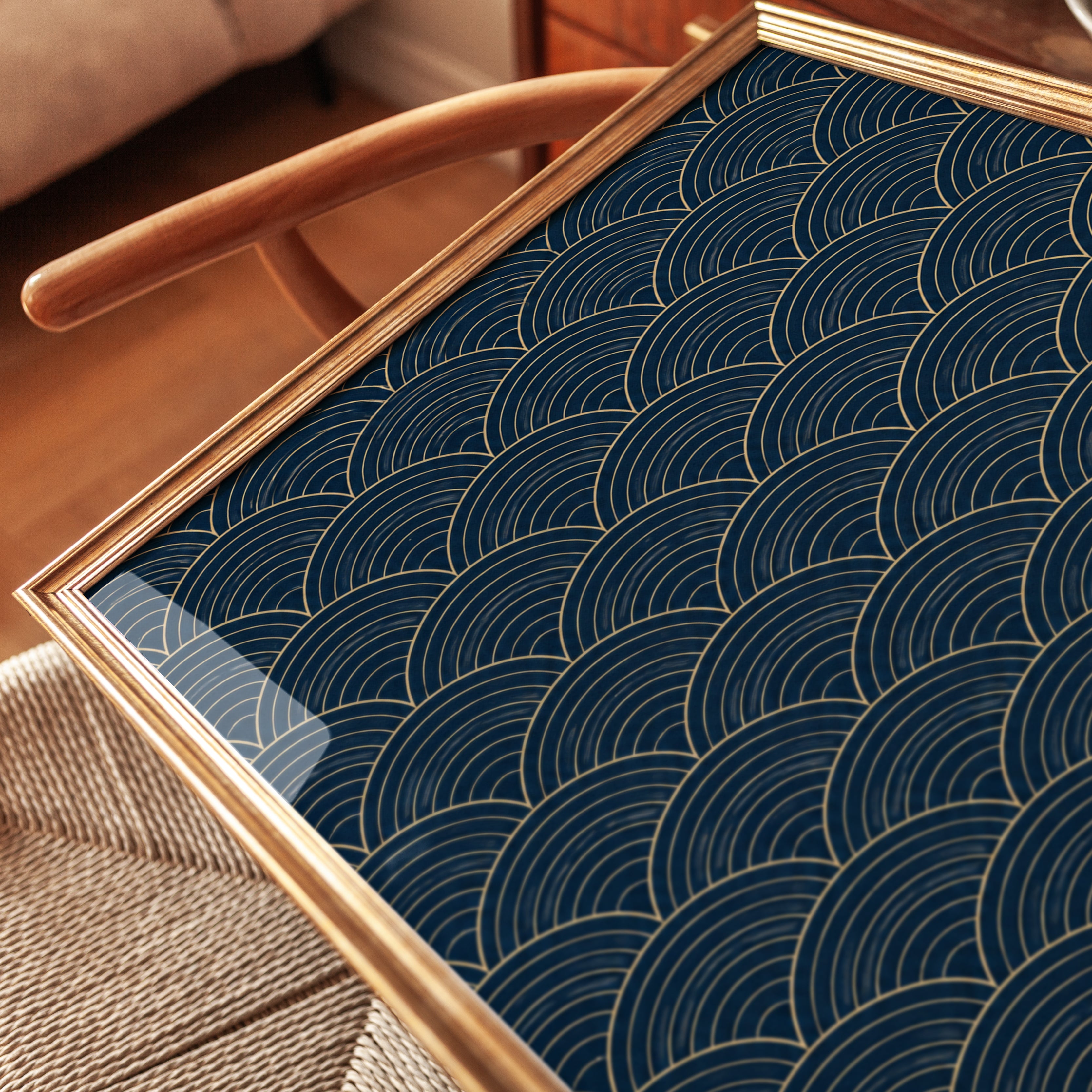 Wave Pattern Print: Japanese Seigaiha Design (Navy Blue & Gold) - detail