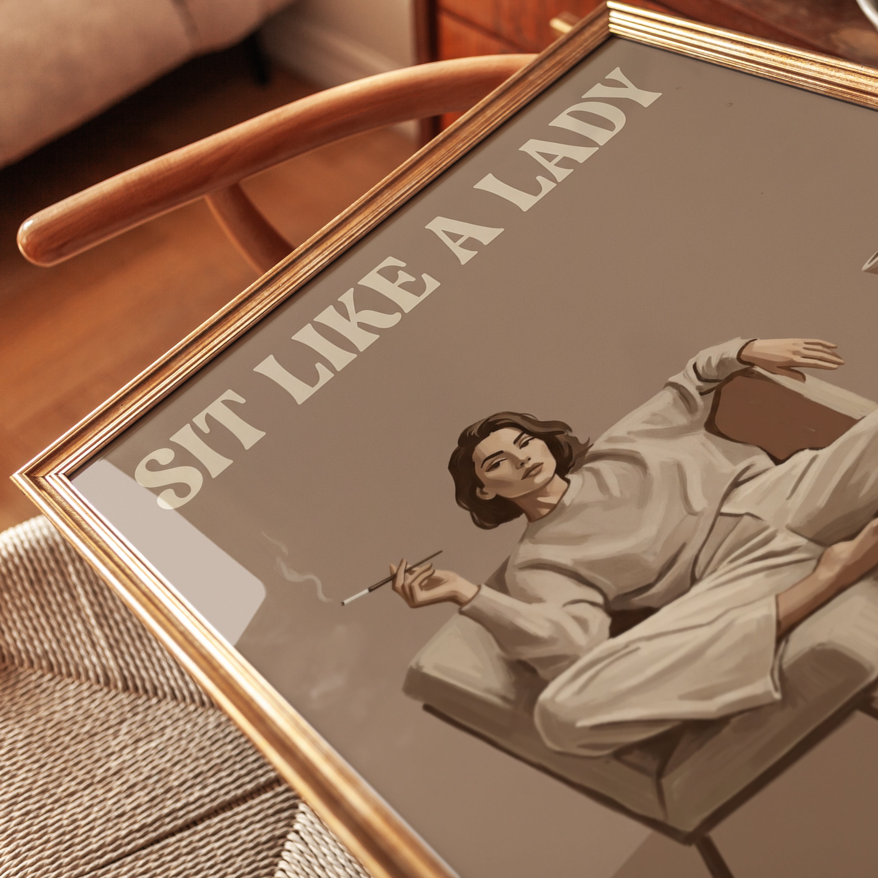 Sit Like A Lady Wall Art: Vintage Feminist Neutral Tone Print - detail