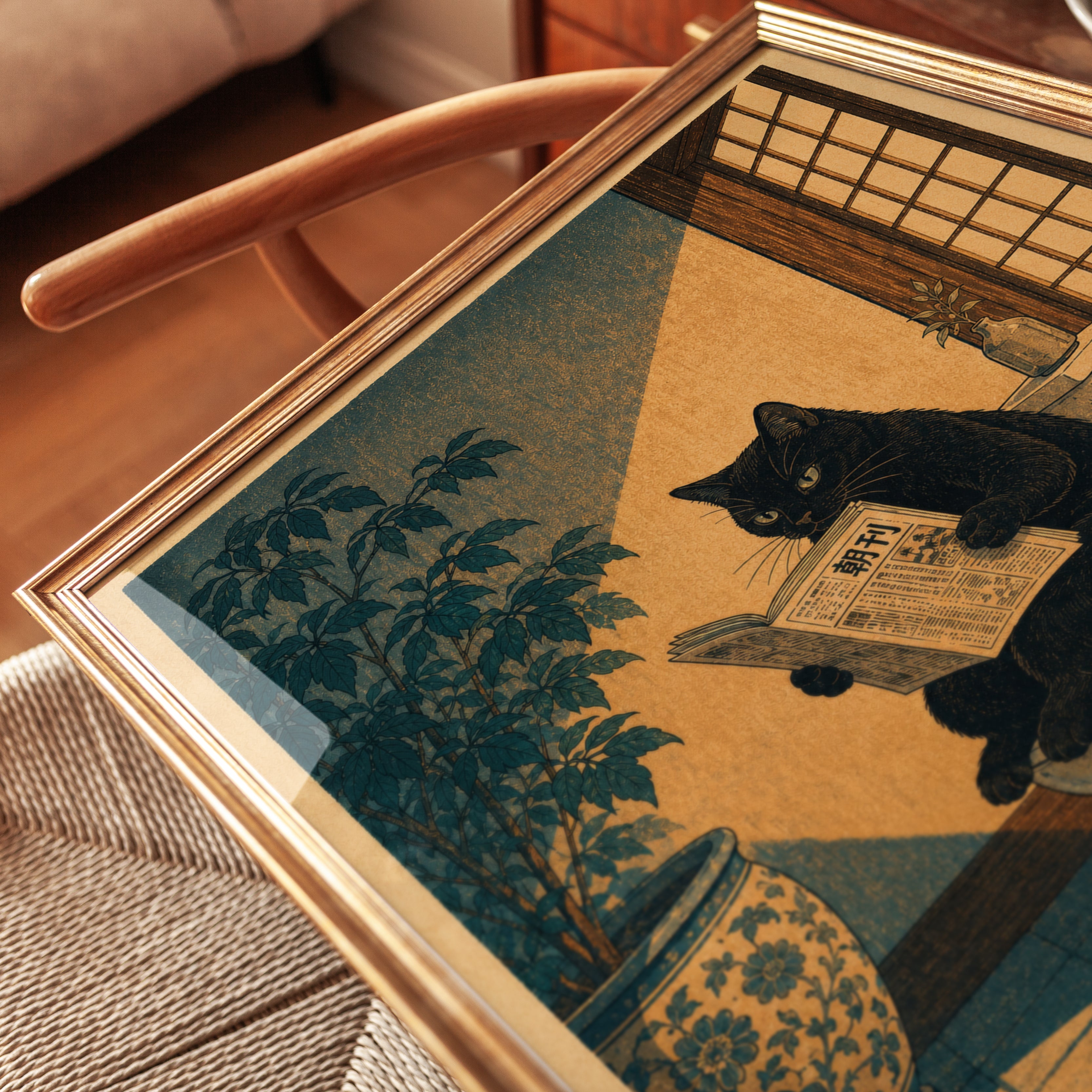 Japanese Cat Reading Newspaper Print - detail