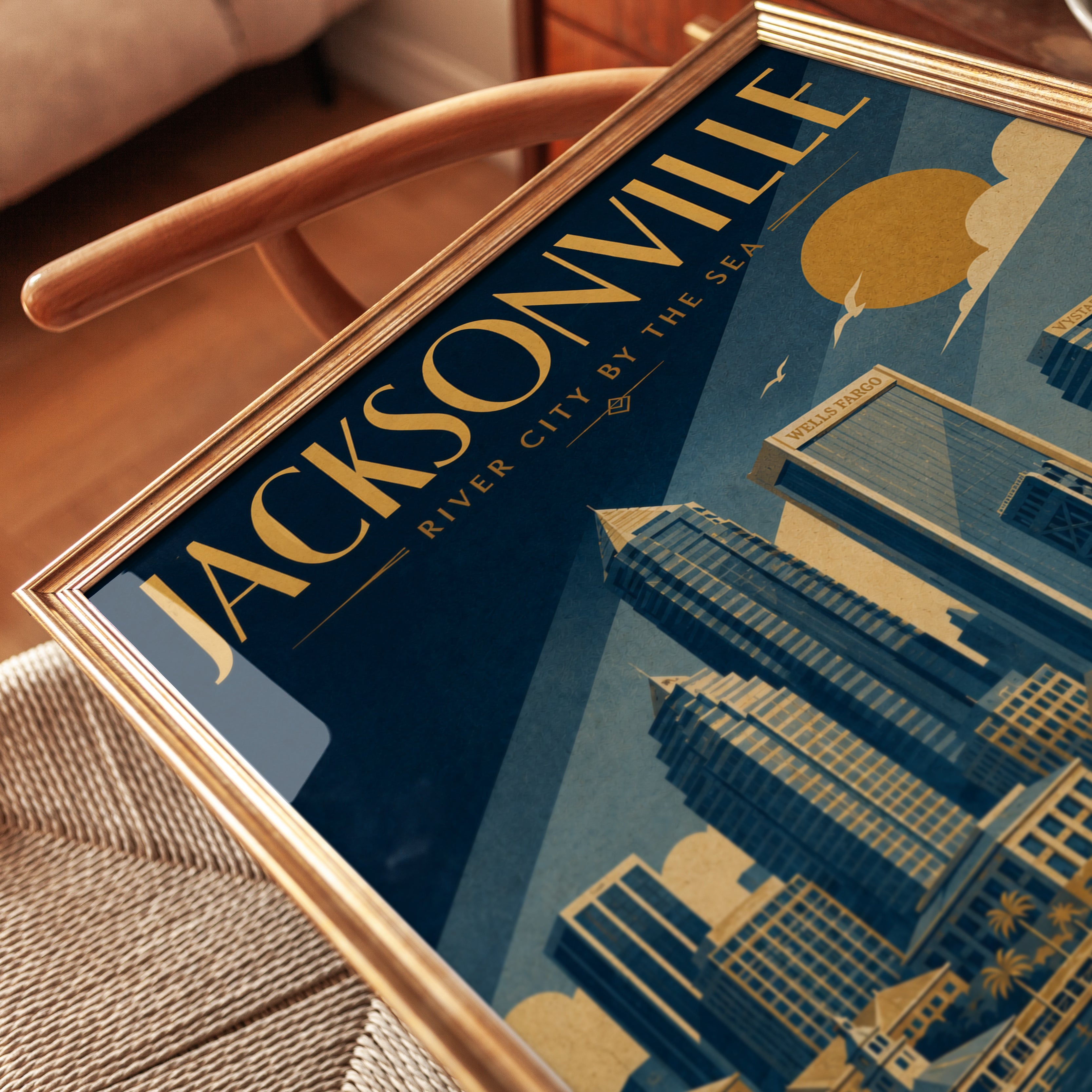 Jacksonville Skyline Poster: Art Deco Travel Print in Blue and Gold - detail