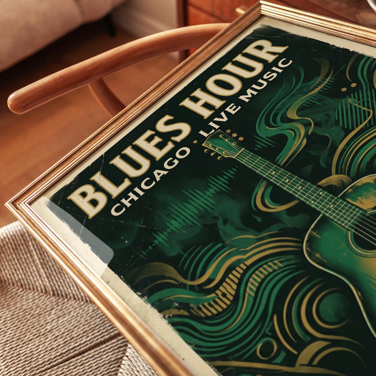 Blues Hour Chicago Print — Vintage Guitar Poster - detail