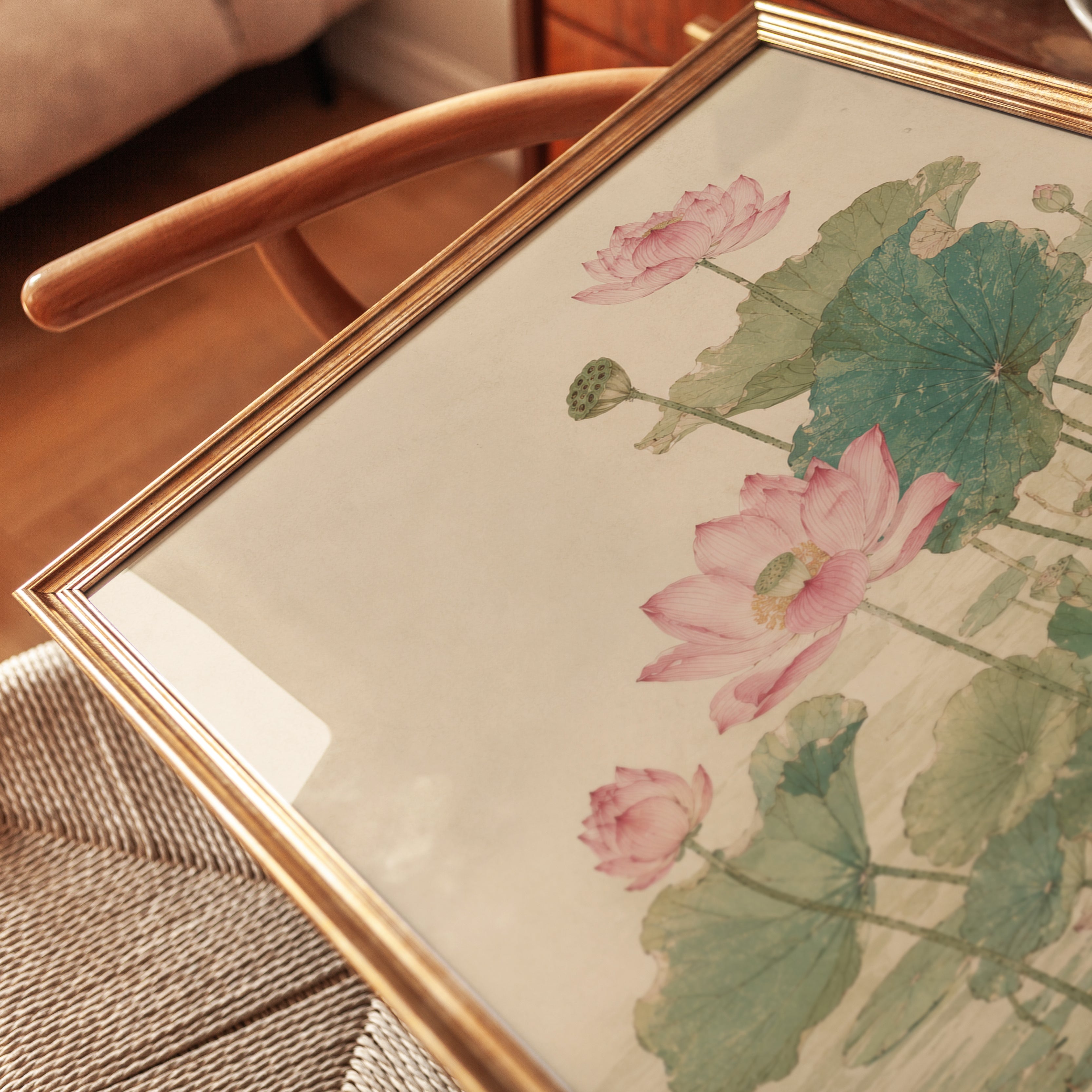 Pink Lotus Flowers Art Print: Vintage Botanical Watercolor - detail