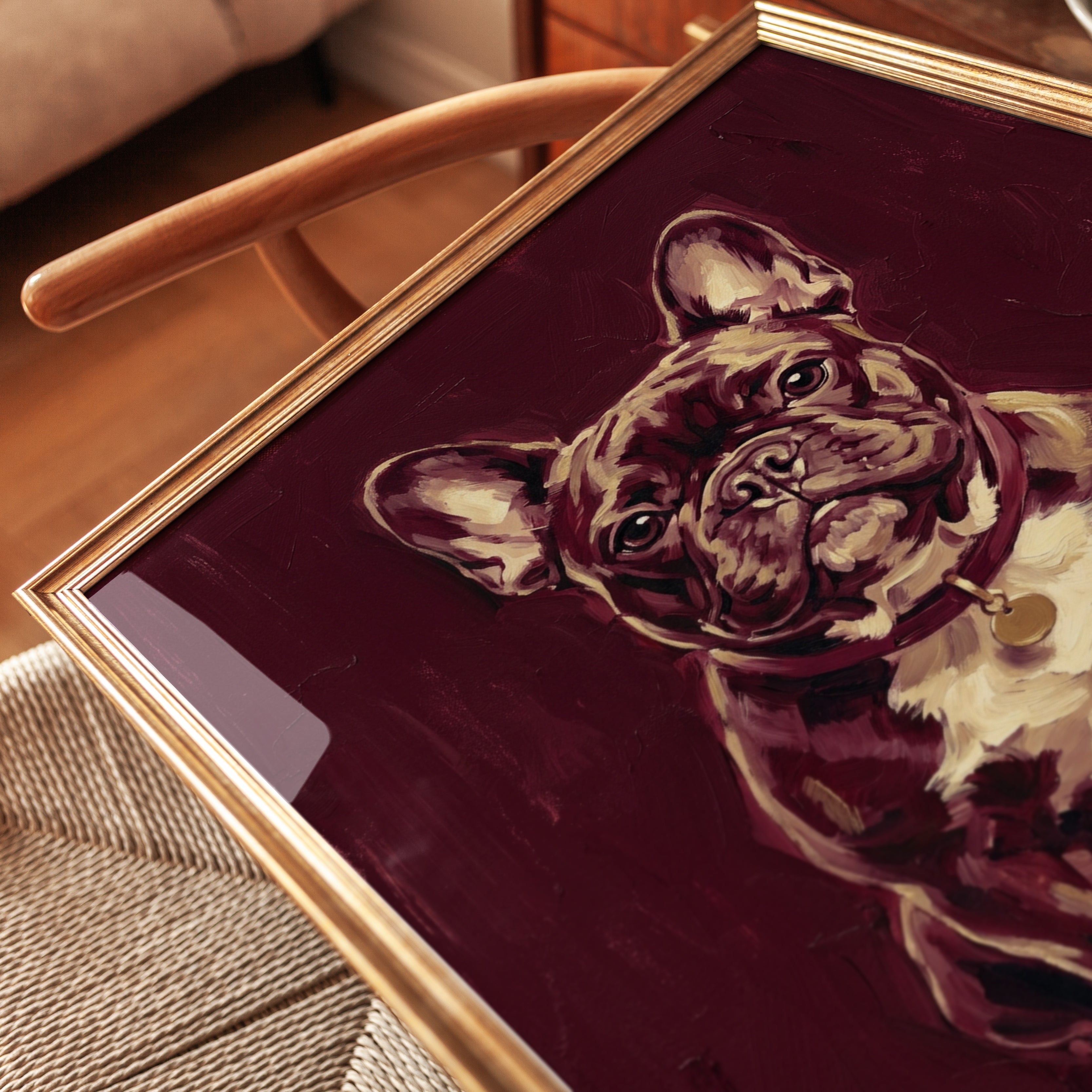 French Bulldog Portrait Art Print: Burgundy Dog Wall Art - detail
