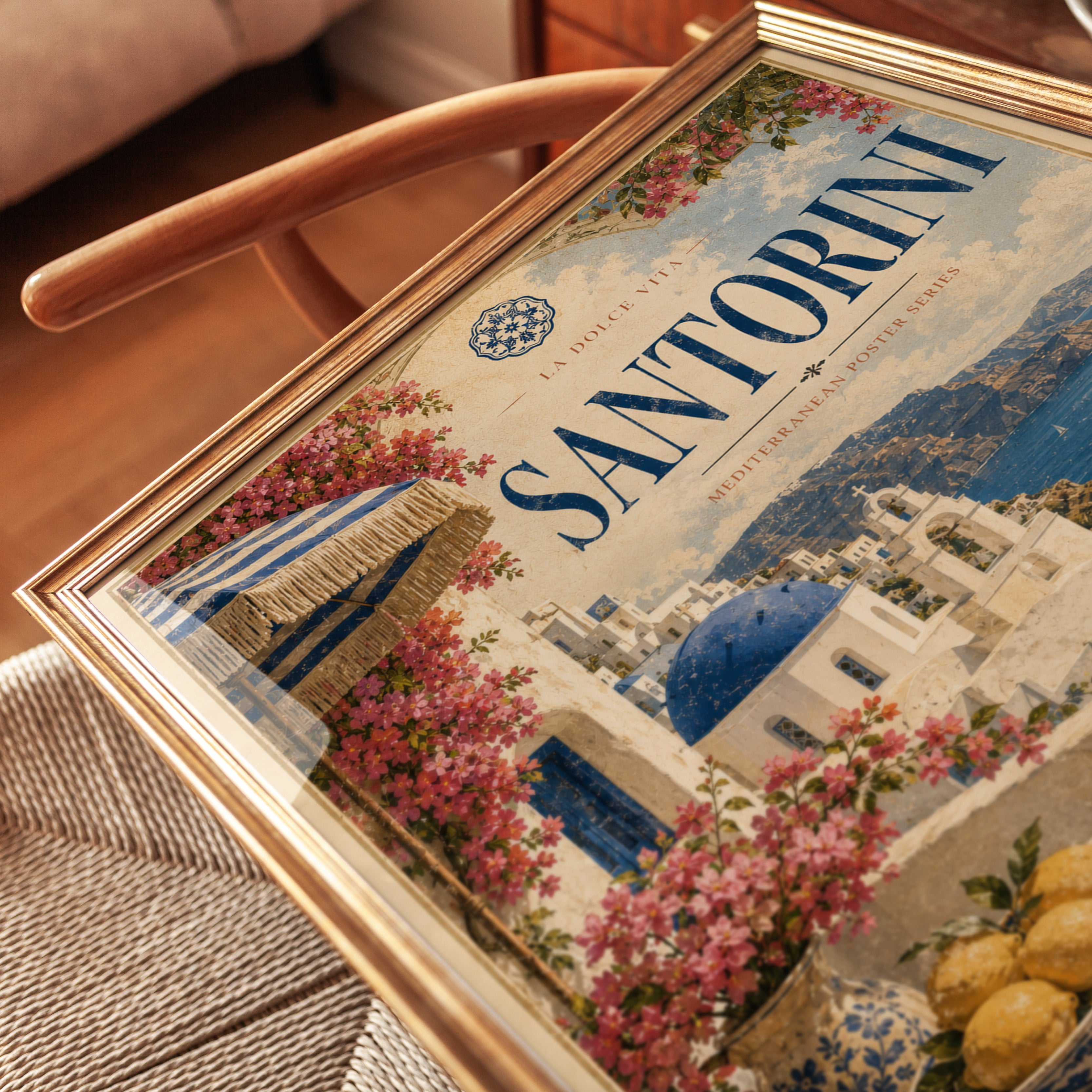 Santorini Travel Poster Print — Vintage Mediterranean Style - detail