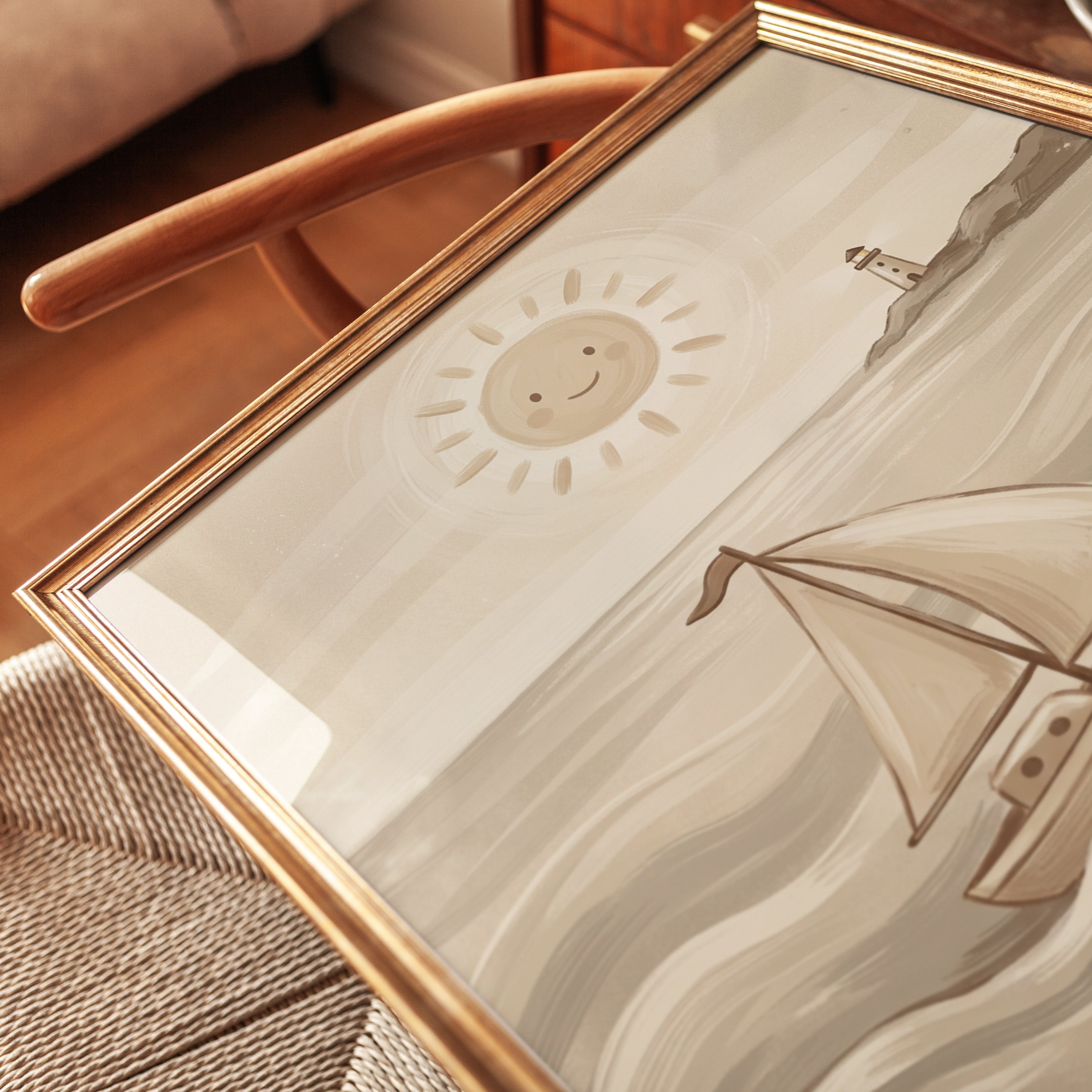Sailboat and Lighthouse Art Print: Whimsical Coastal Nursery Design - detail