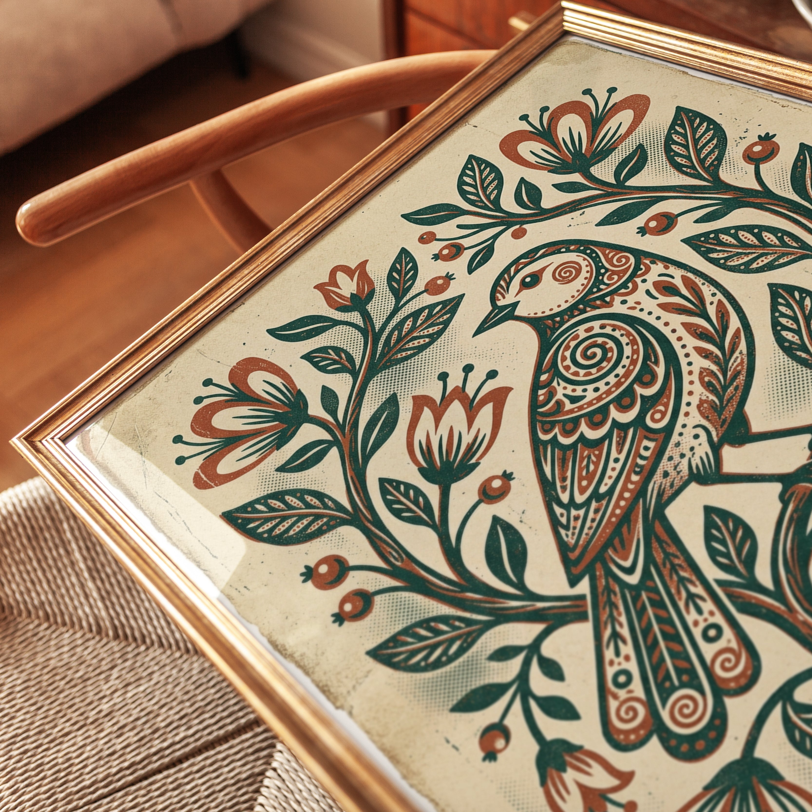 Folk Art Bird Print — Decorative Floral & Botanical - detail
