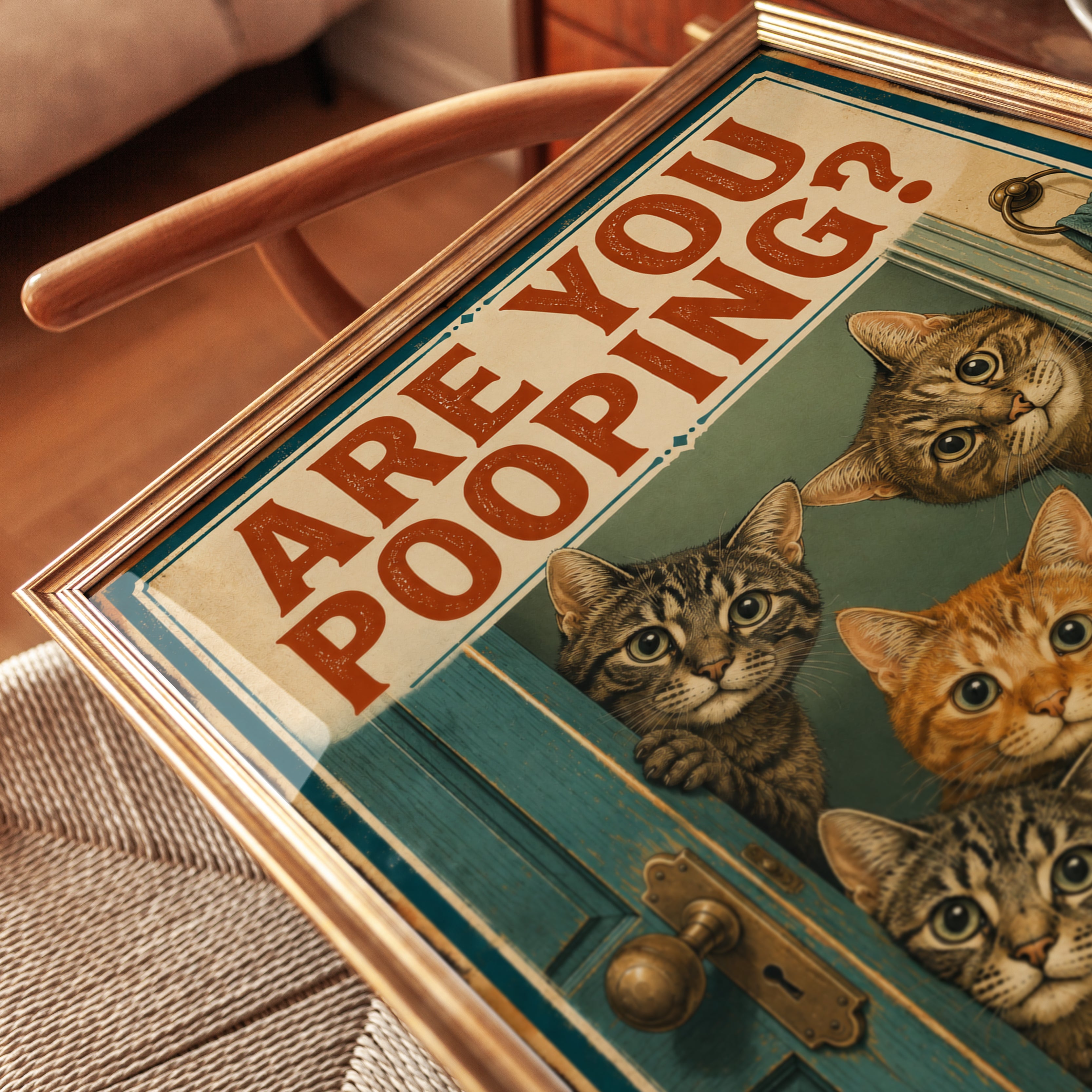 Funny Cat Bathroom Print: Vintage 'Are You Pooping?' Poster - detail