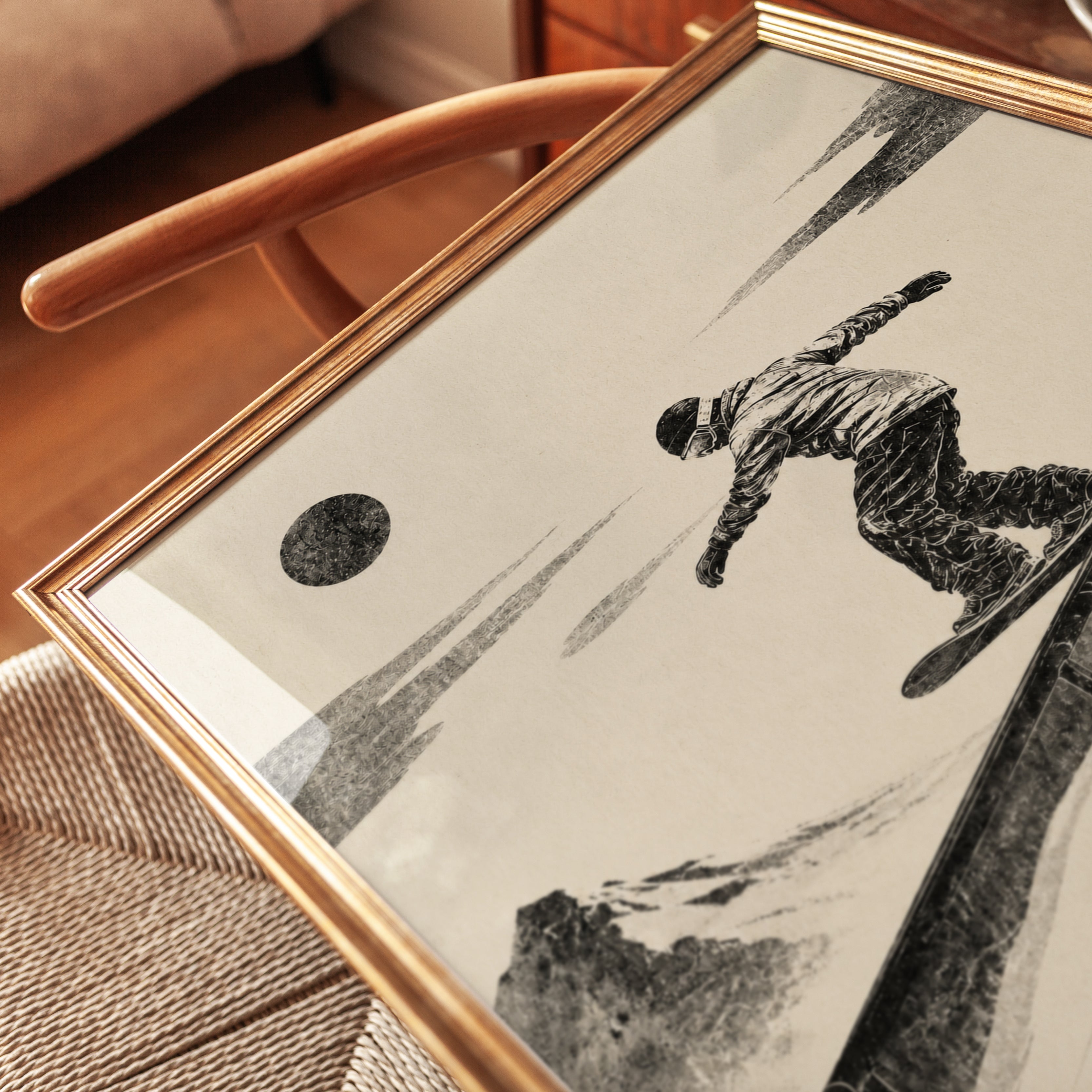 Snowboarder Rail Slide Print: Vintage Monochrome Winter Sports Art - detail