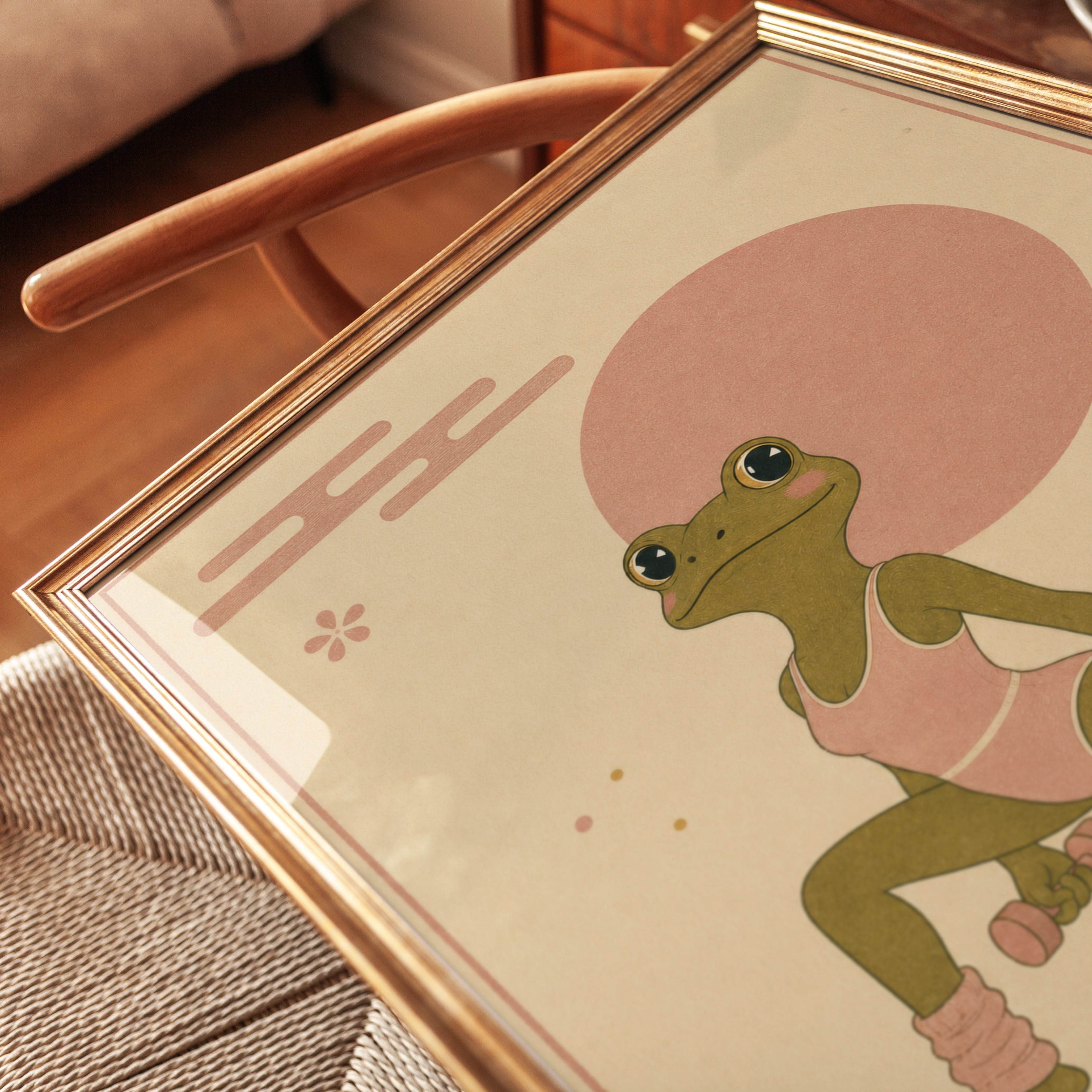 Yoga Frog Poster: Japanese Minimalist Art in Pink and Beige - detail