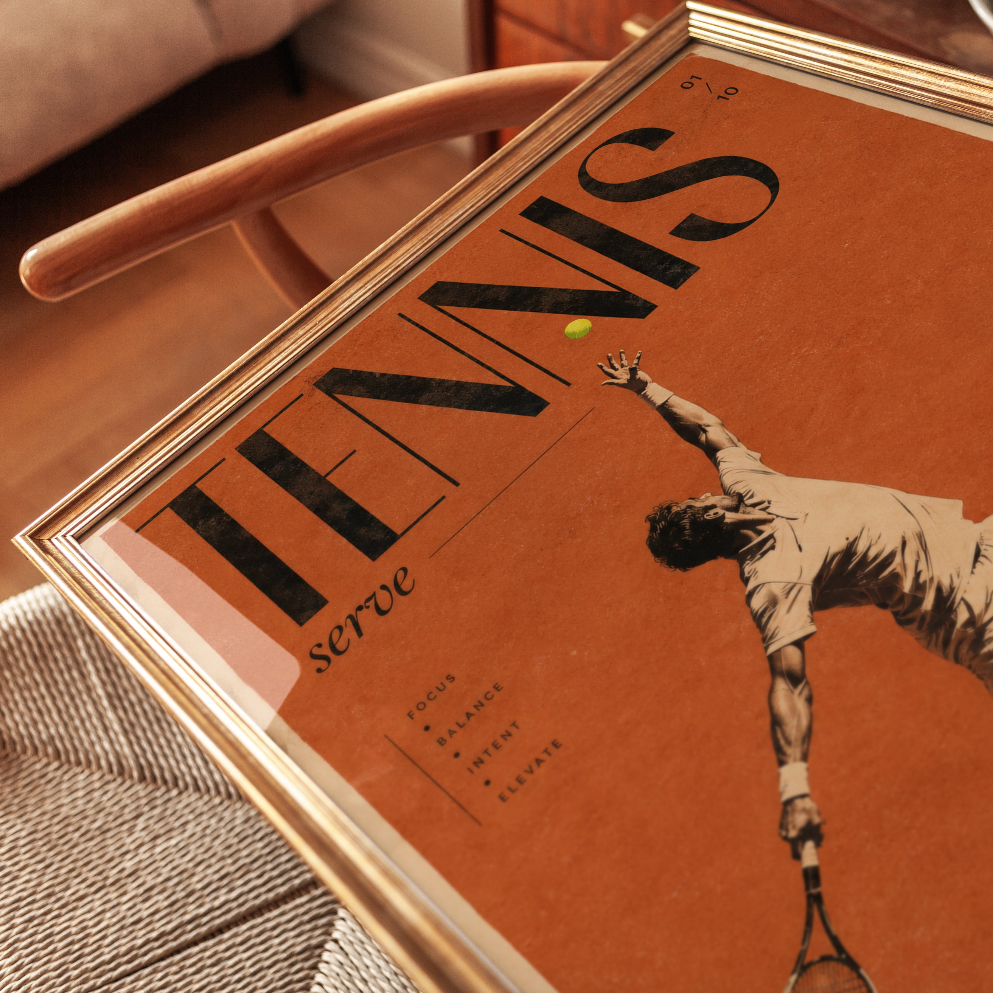 Vintage Tennis Serve Poster: Retro Orange Sports Art Print - detail