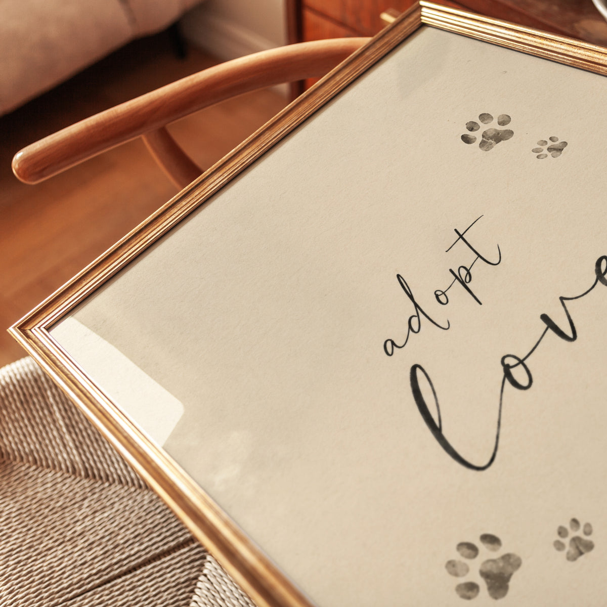 Adopt Love Print: Pet Adoption Quote with Paw Prints - detail