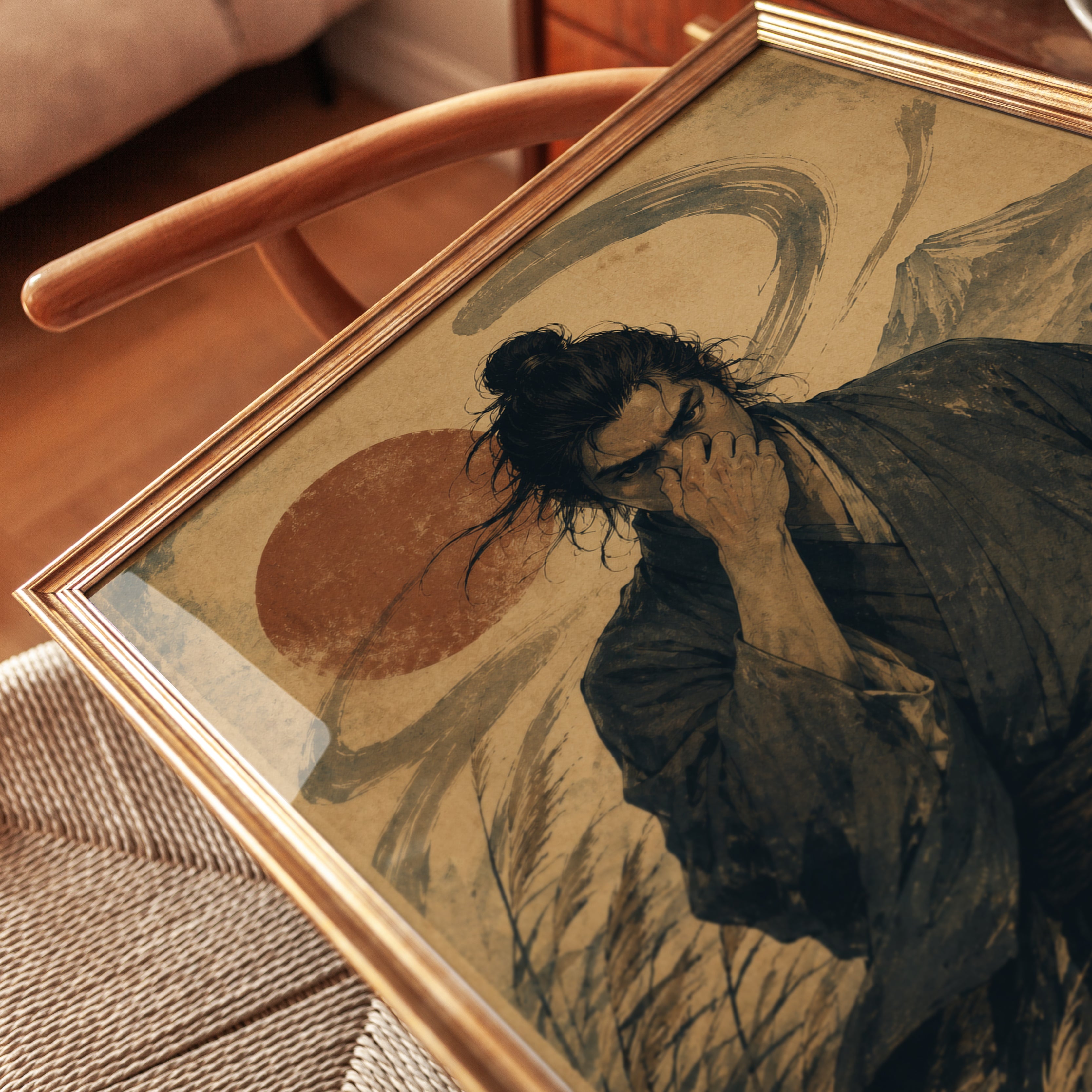 Funny Bathroom Poster Samurai Art Print: Japanese Warrior and Mount - detail