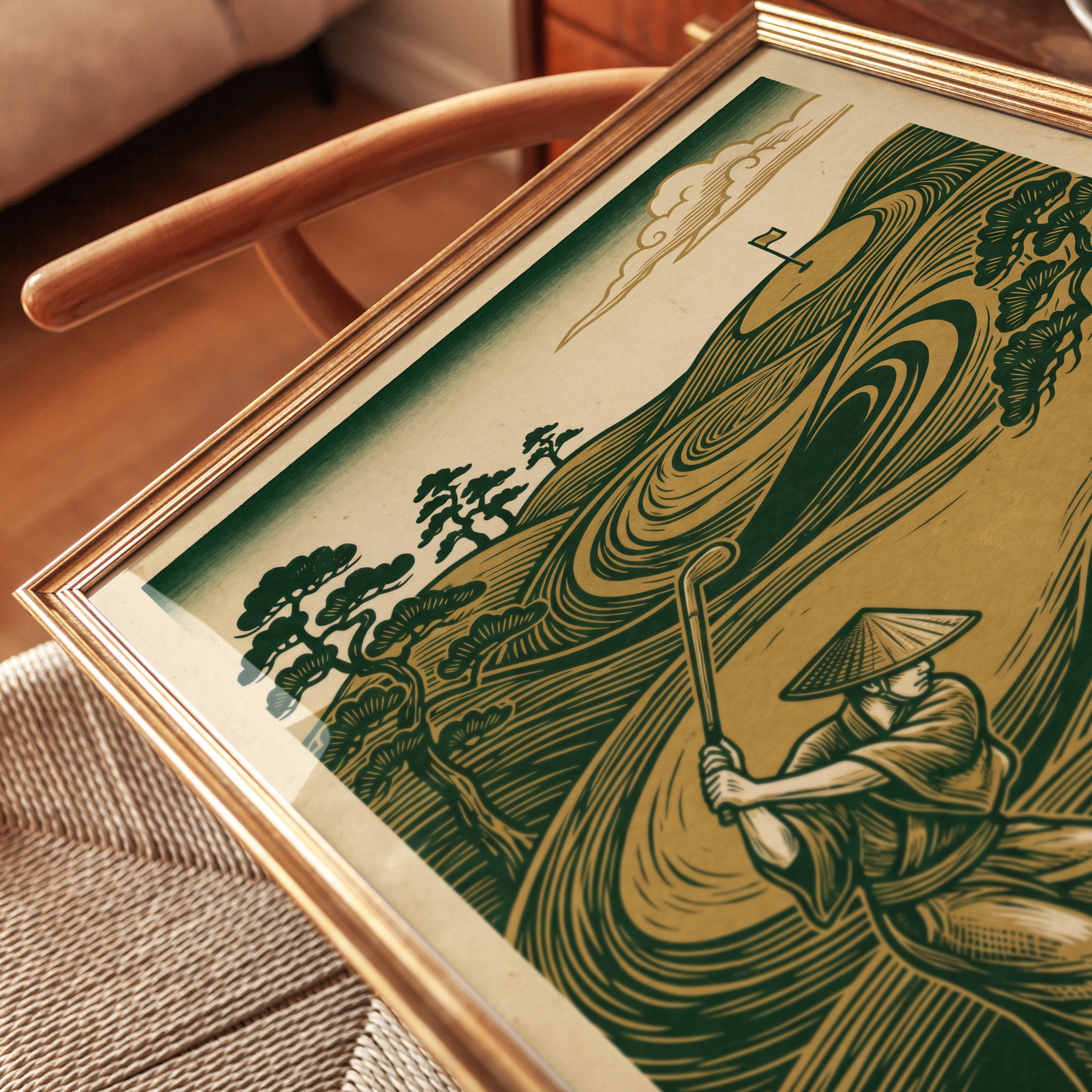 Vintage Japanese Golf Print: Mid-Century Woodblock Art - detail