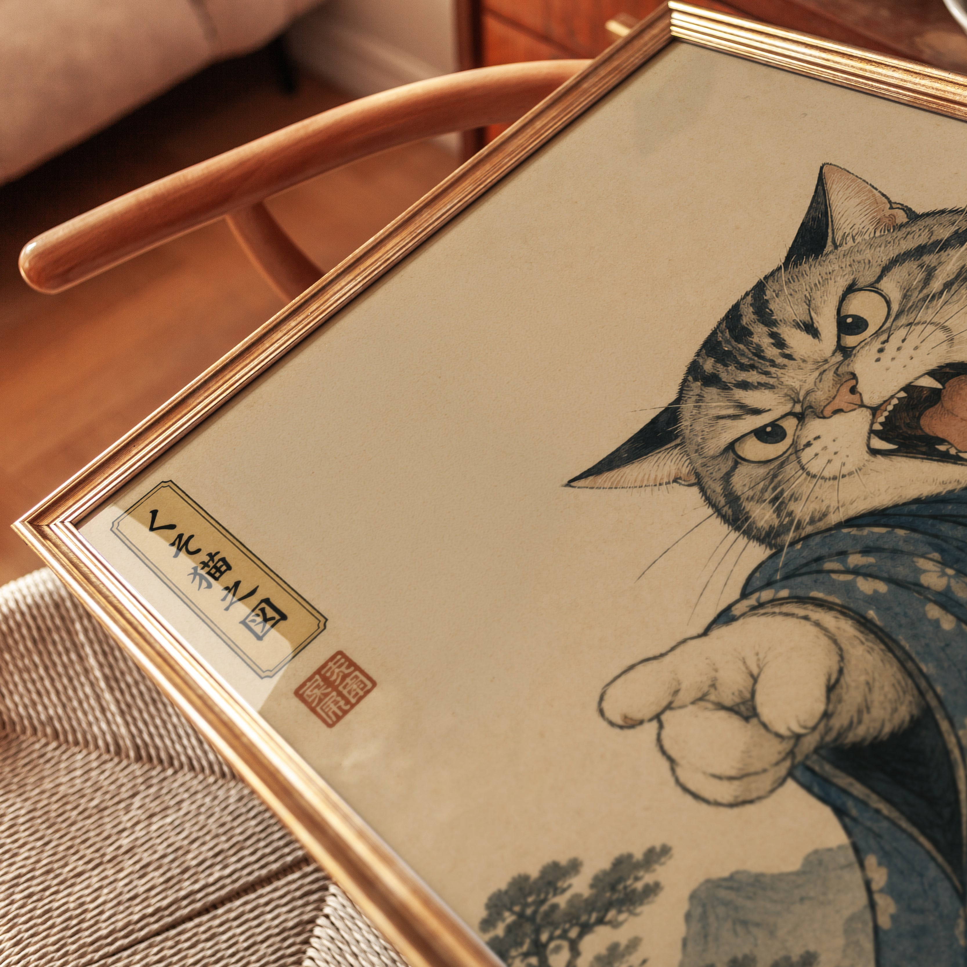 Japanese Angry Cat in Kimono Print: Ukiyo-e Style Wall Art - detail