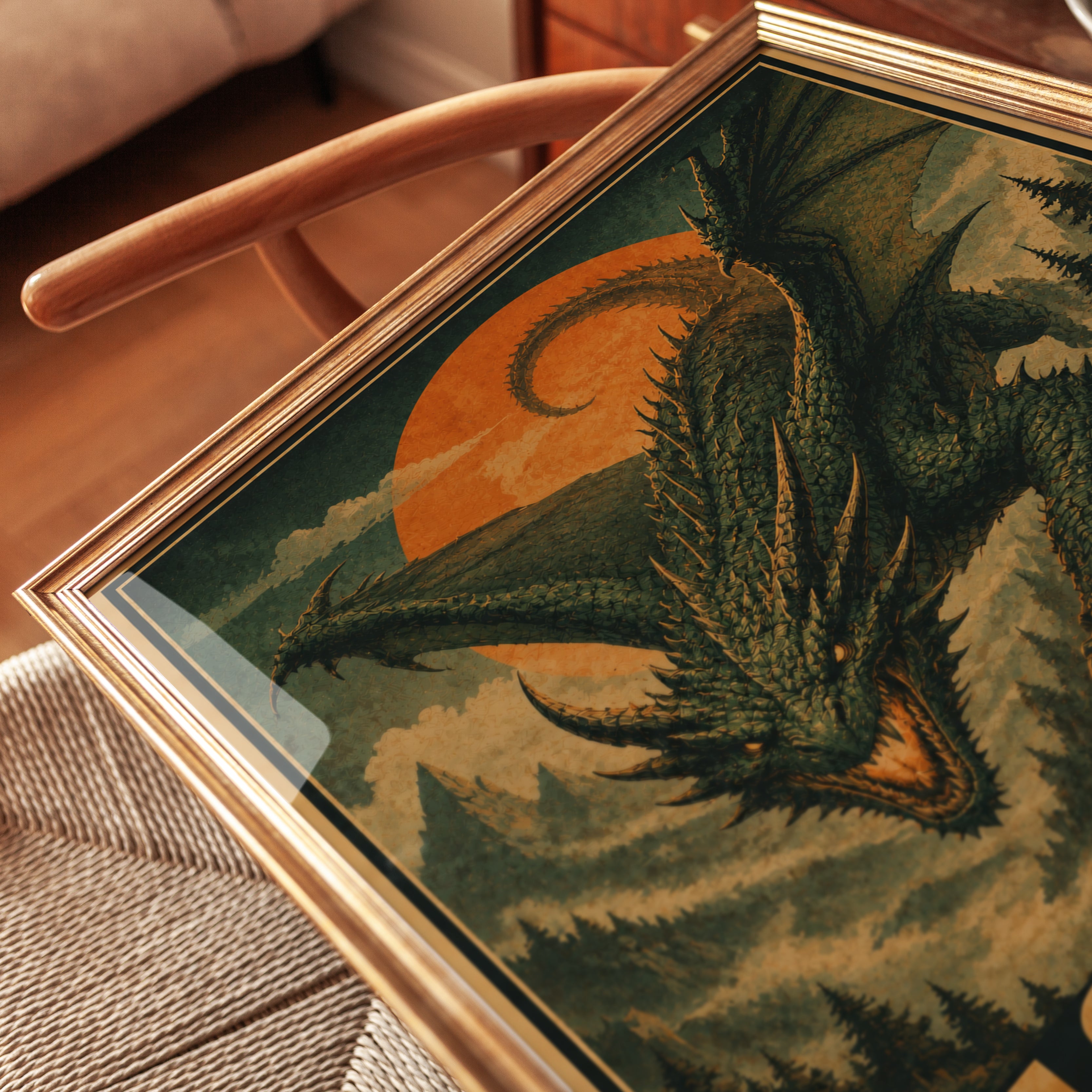 Thornmaw Dragon Poster: Vintage Fantasy Art with Orange Sun - detail