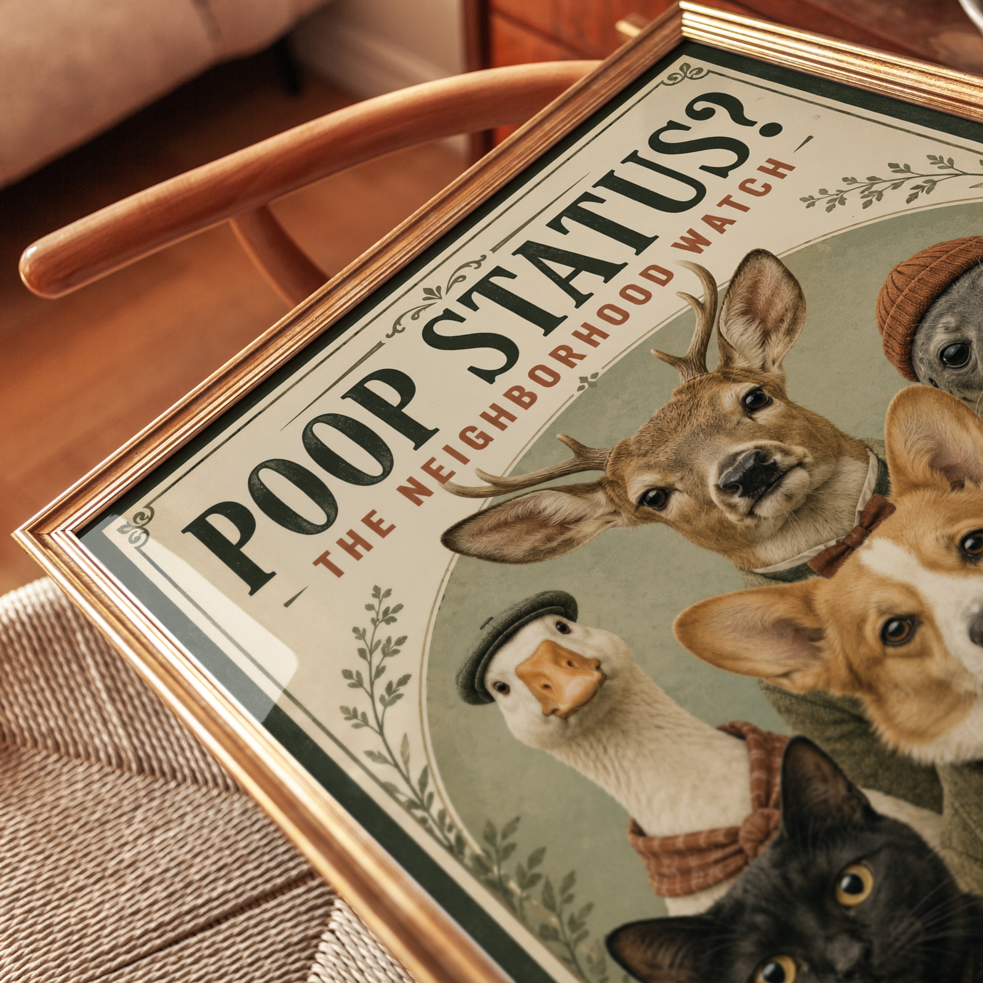 Funny Bathroom Print: Poop Status Neighborhood Watch Animals - detail
