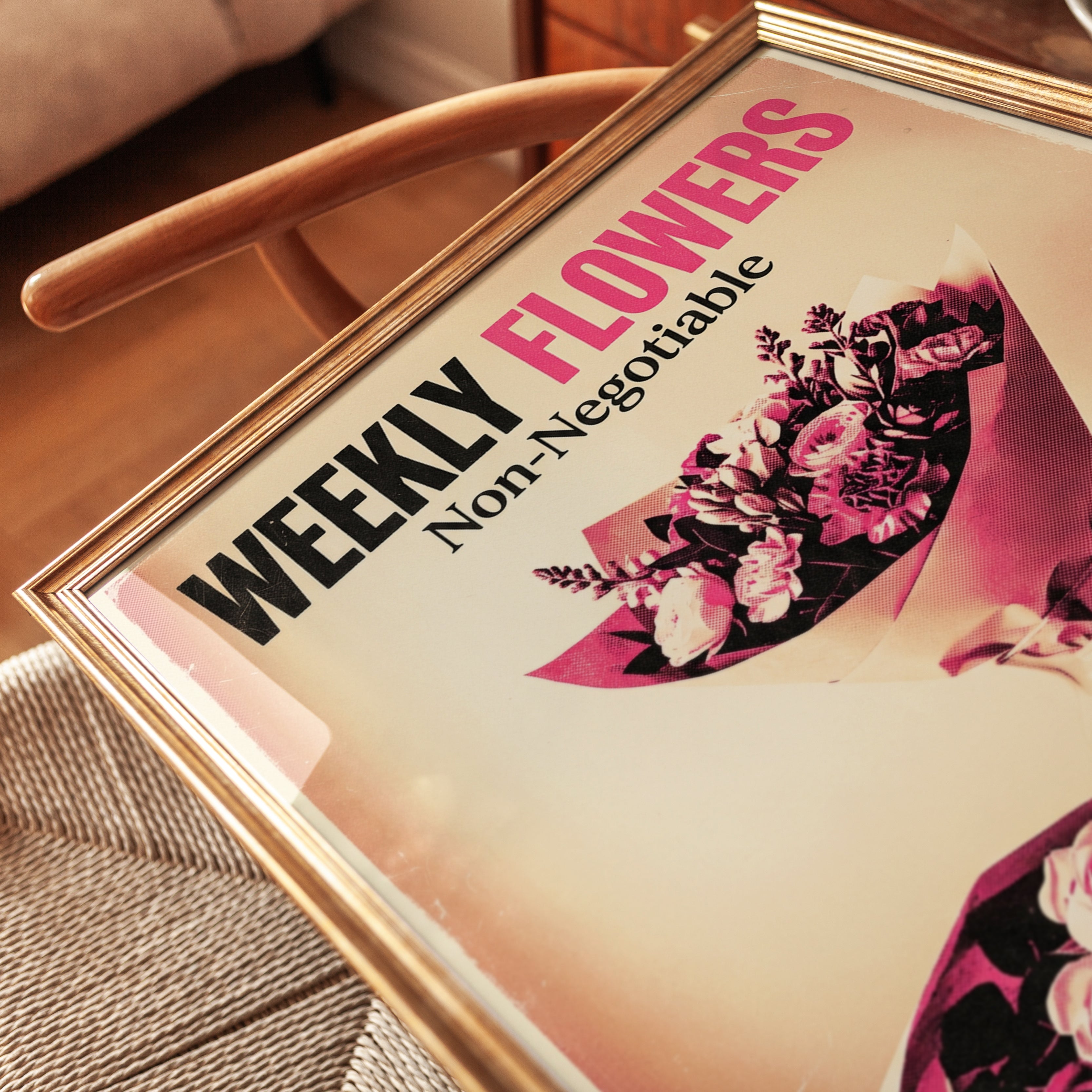 Weekly Flowers Vintage Poster: Retro Pink Floral Advertisement - detail