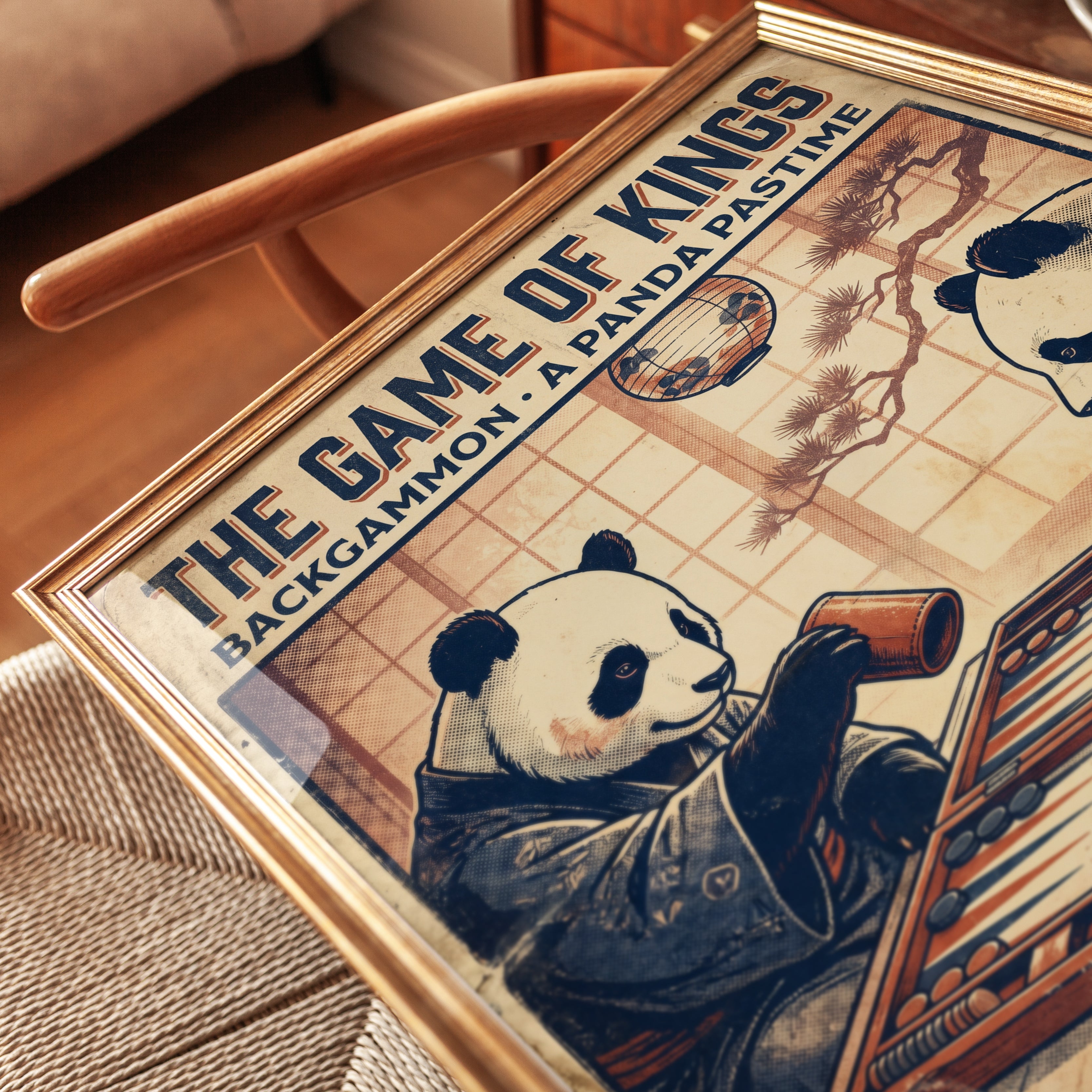 Backgammon Panda Print — Vintage Japanese Style Game Room Art - detail