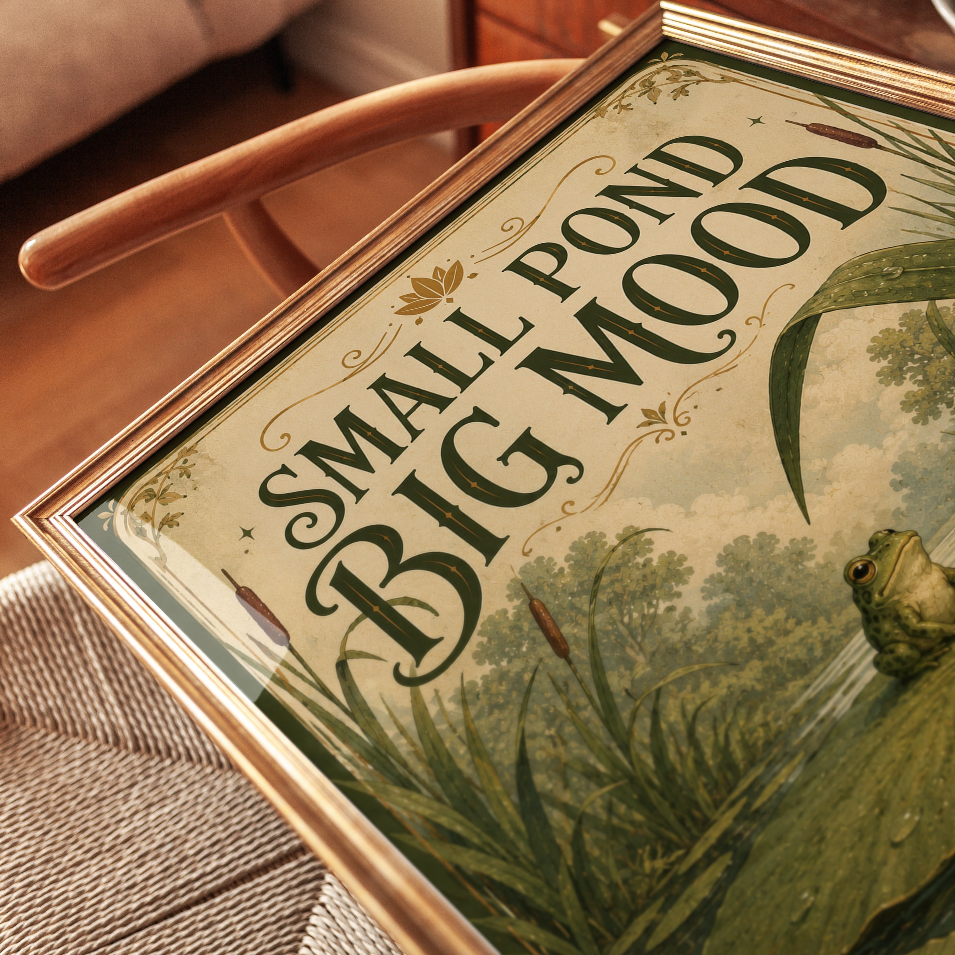 Vintage Frog on Lily Pad Poster: Art Nouveau Pond Scene - detail