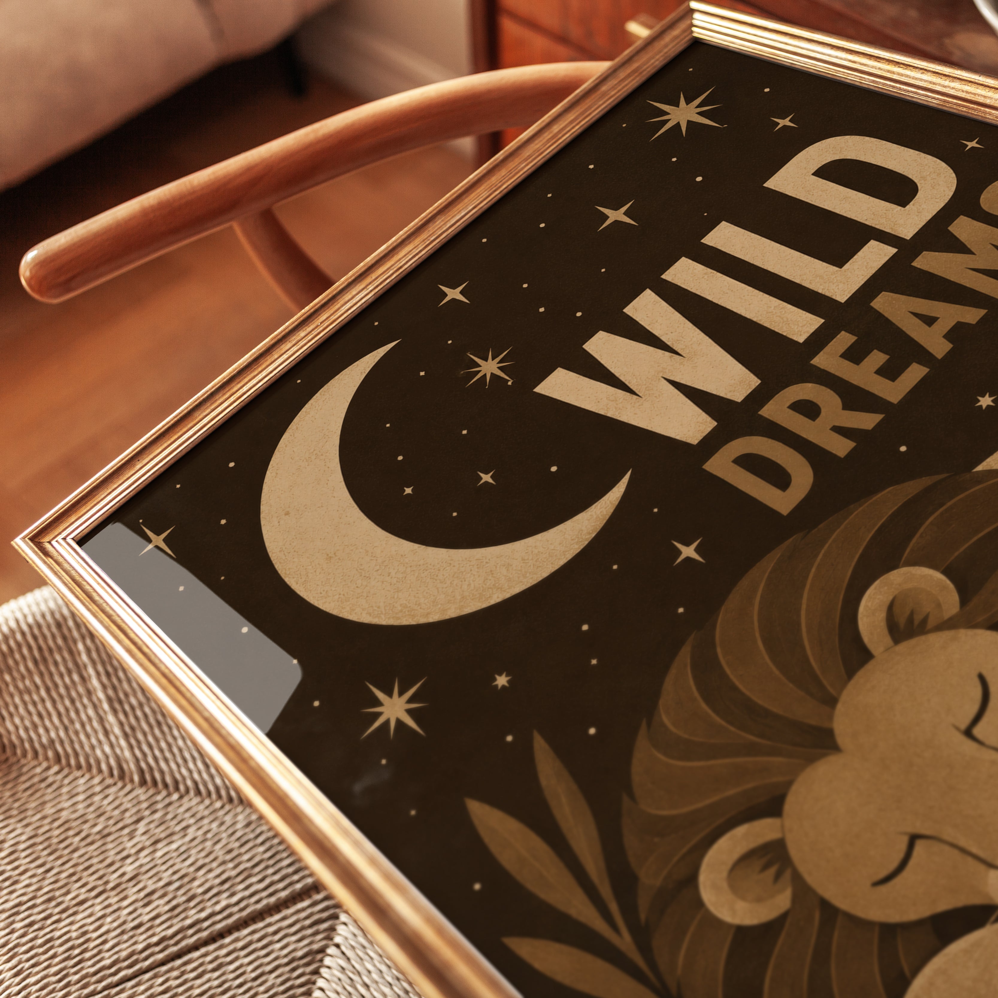 Wild Dreams Lion Art Print: Mid-Century Nursery Moon Poster - detail