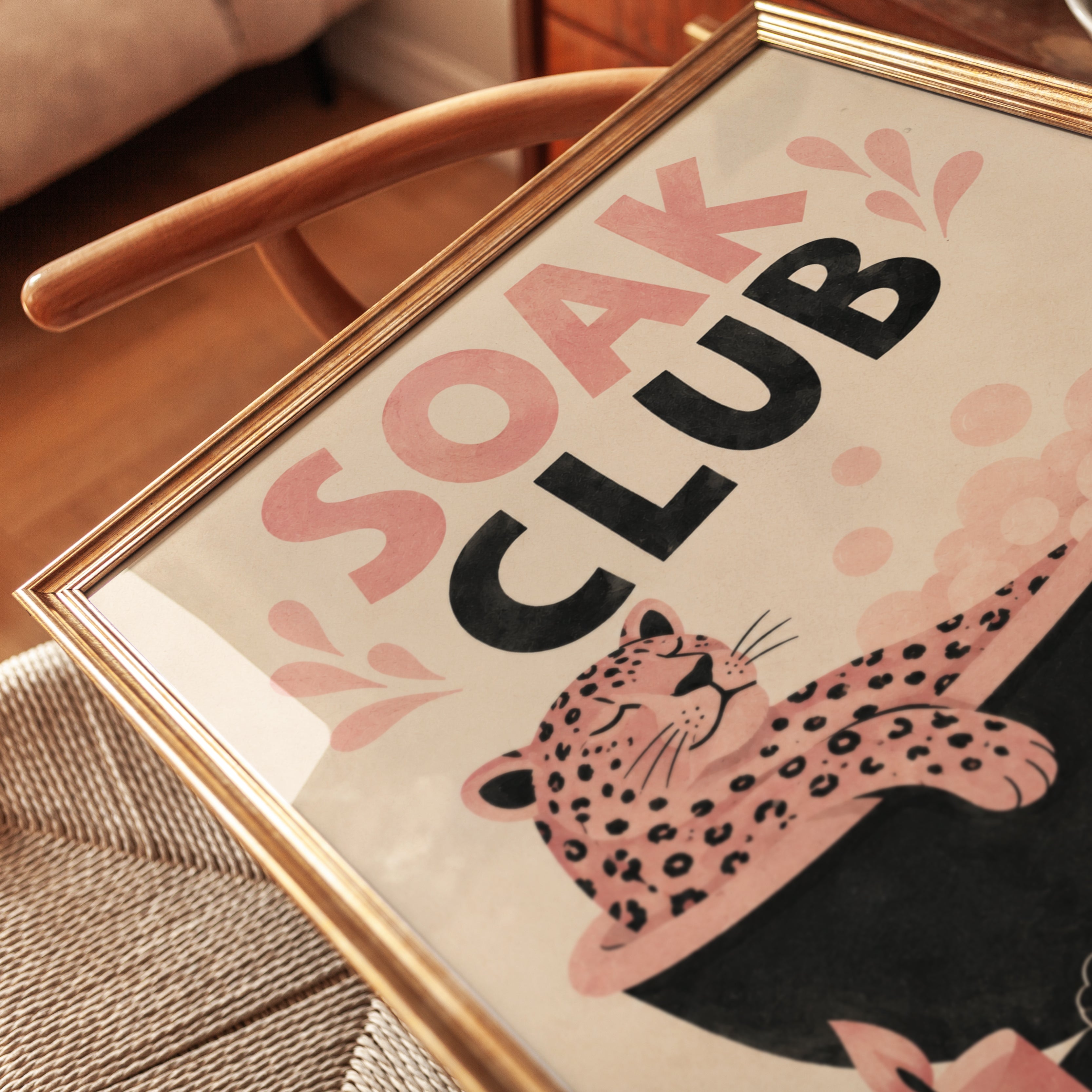 Soak Club Leopard Bath Print: Retro Pink and Black Bathroom Art - detail
