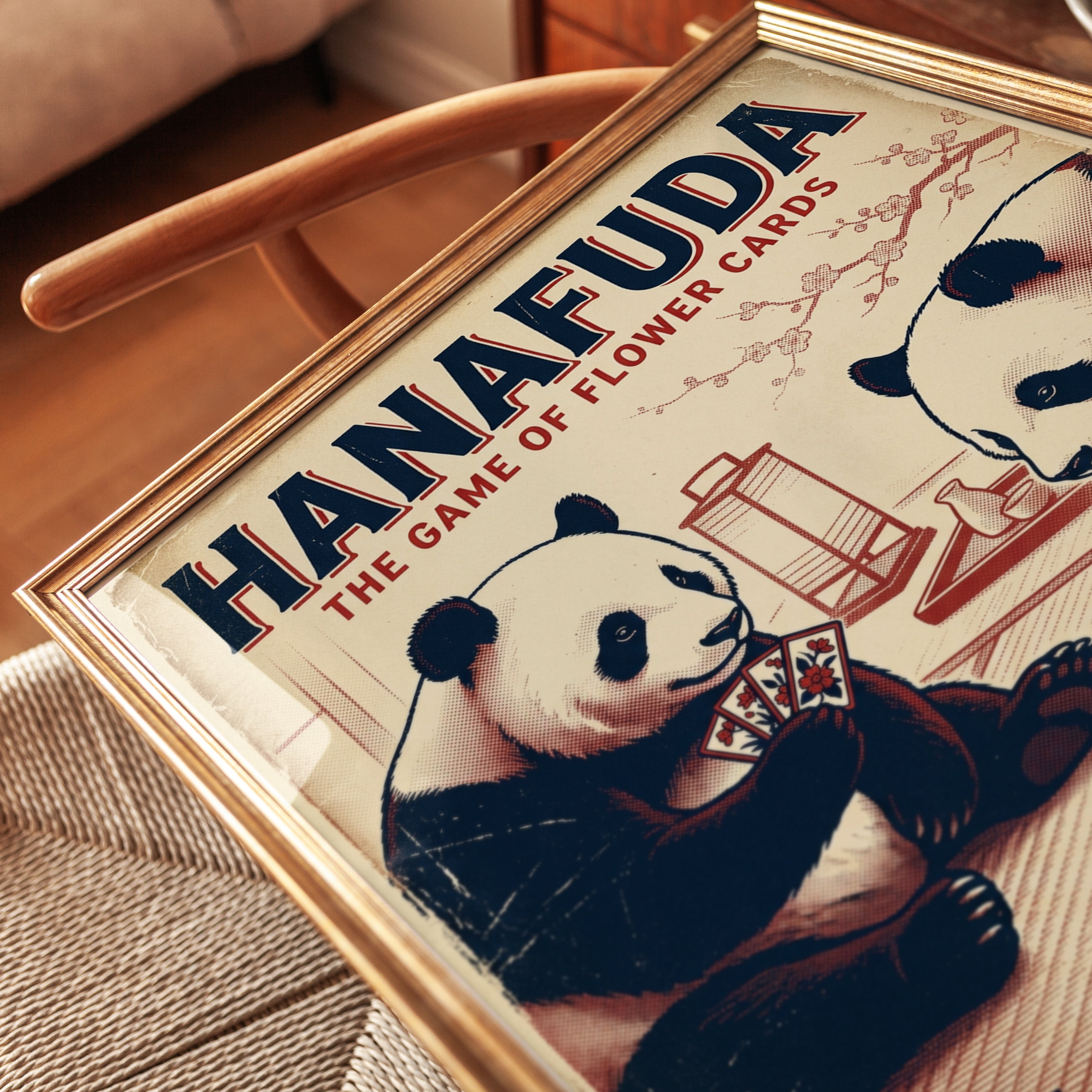 Hanafuda Pandas Art Print: Vintage Japanese Card Game Poster - detail