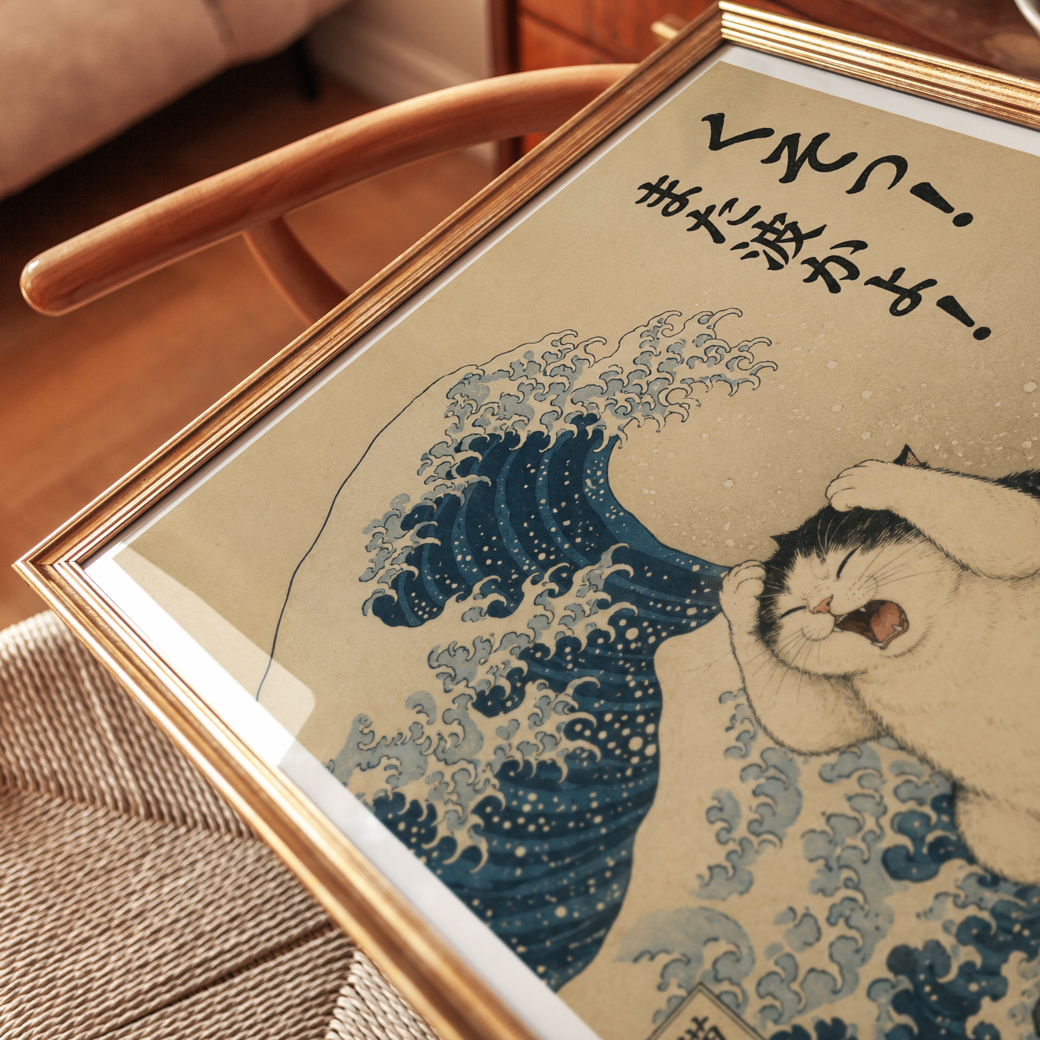 Japanese Cat Print – Ukiyo-e Style Wave Art - detail
