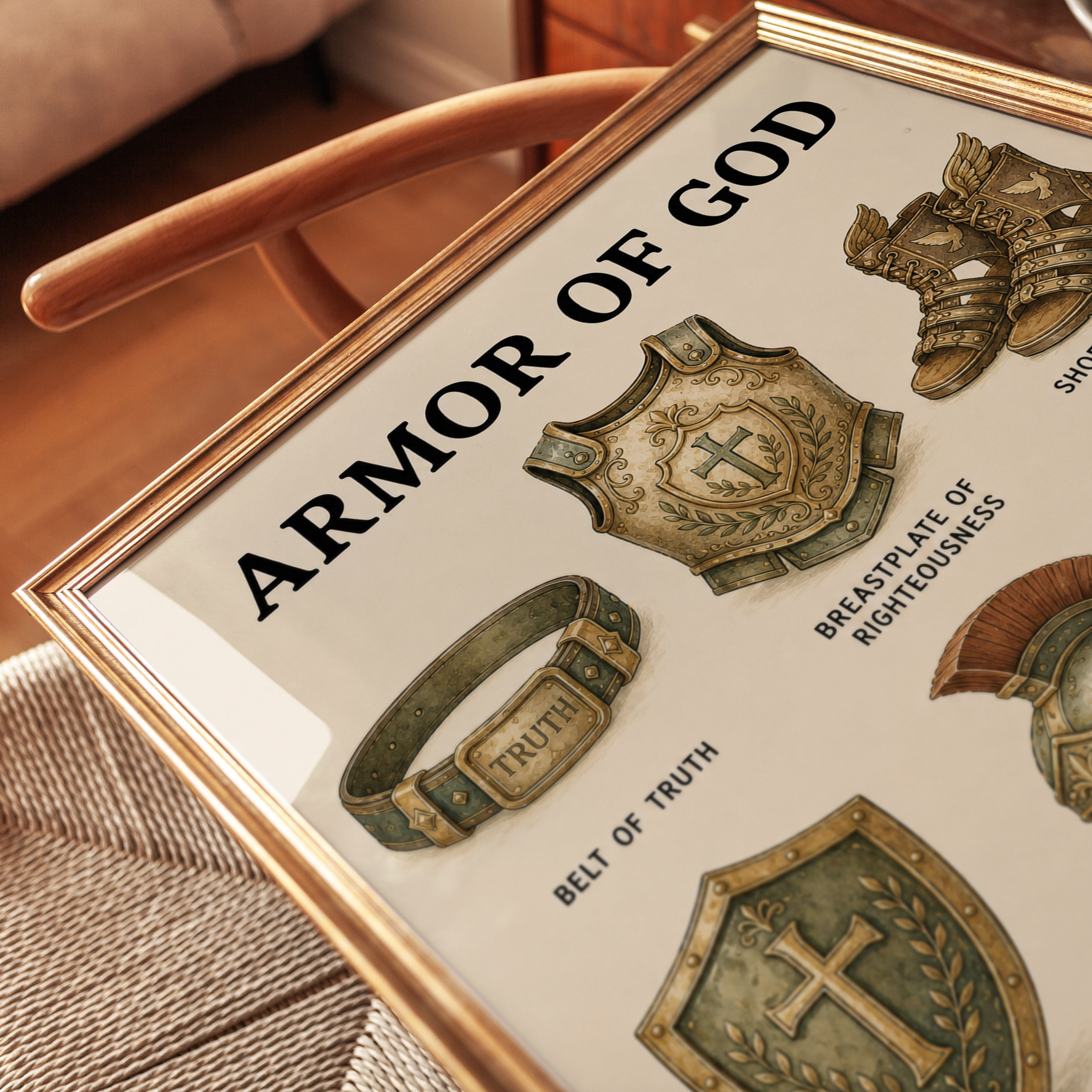 Armor of God Print: Christian Scripture Art in Gold and Bronze - detail