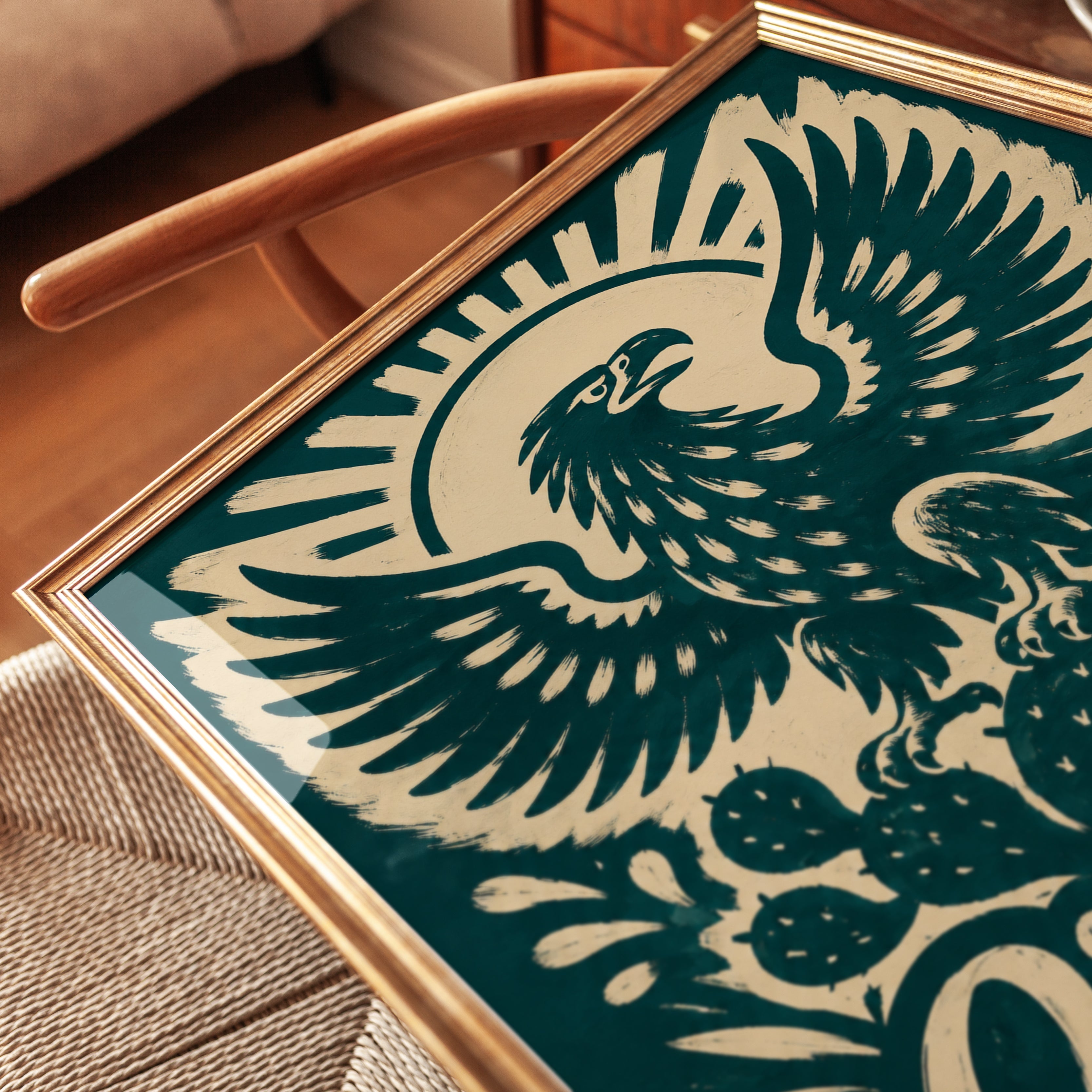 Mexican Eagle Print: Vintage Folk Art Poster with Cactus Design - detail
