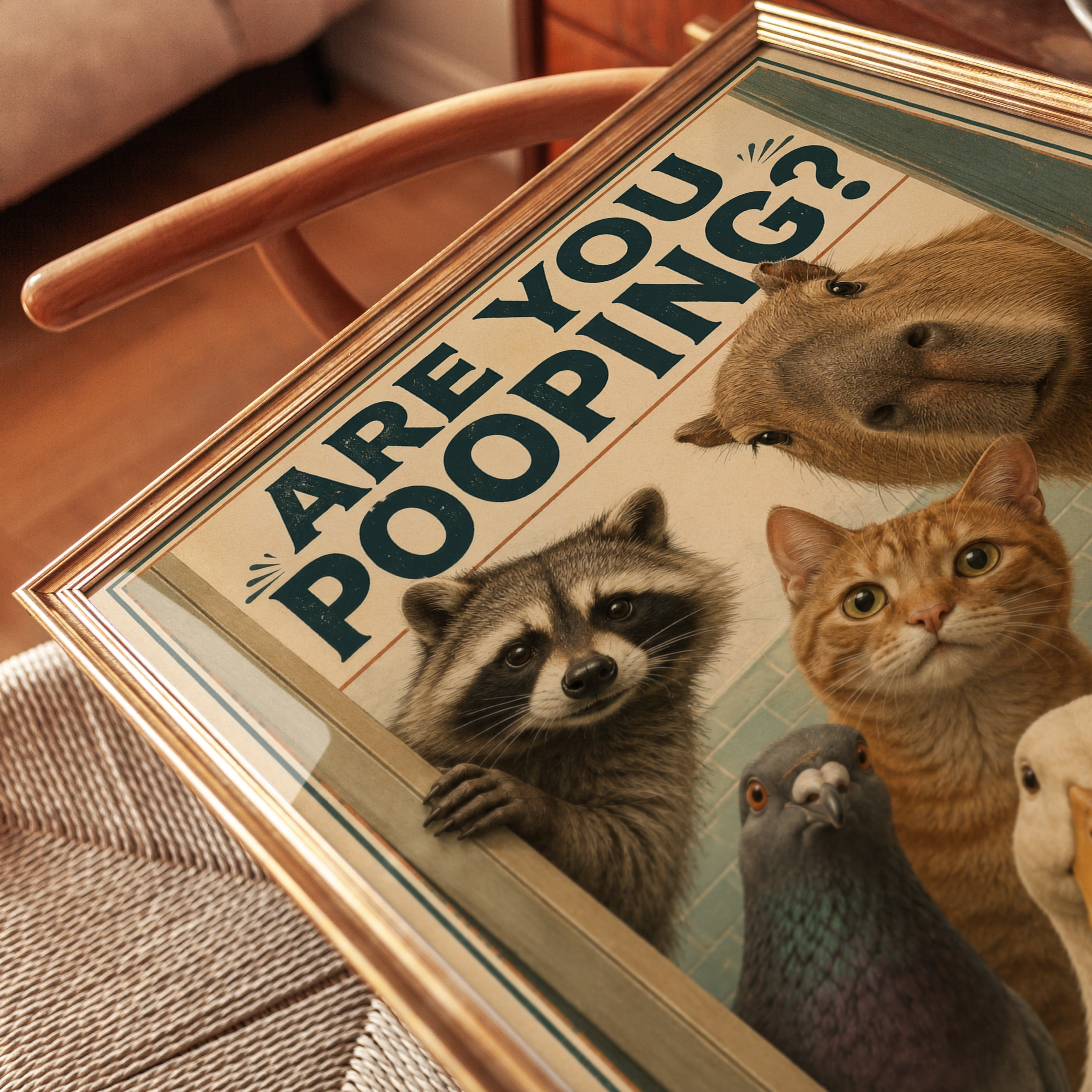 Bathroom Decor Print: Quirky Animal Artwork (Vintage Style) - detail