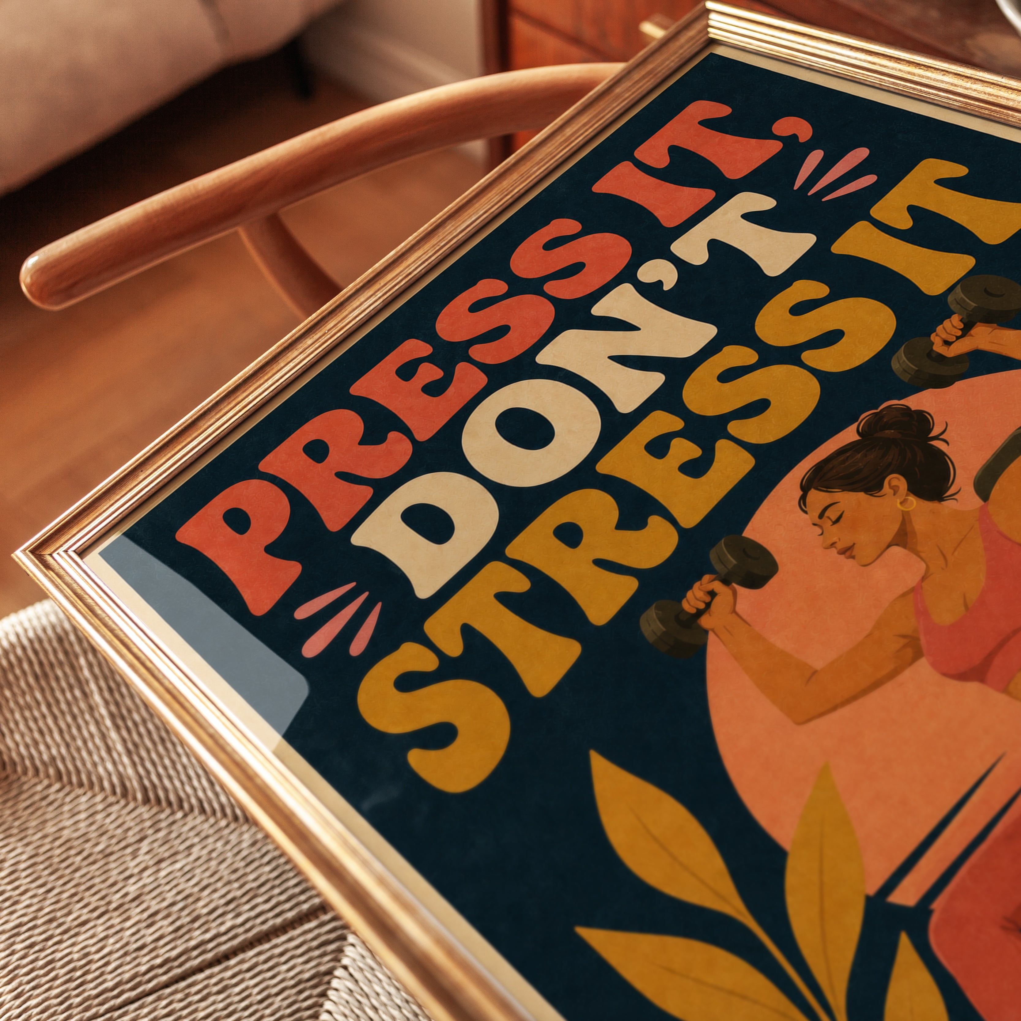 Press It Don't Stress It Gym Poster: Retro Fitness Wall Art - detail