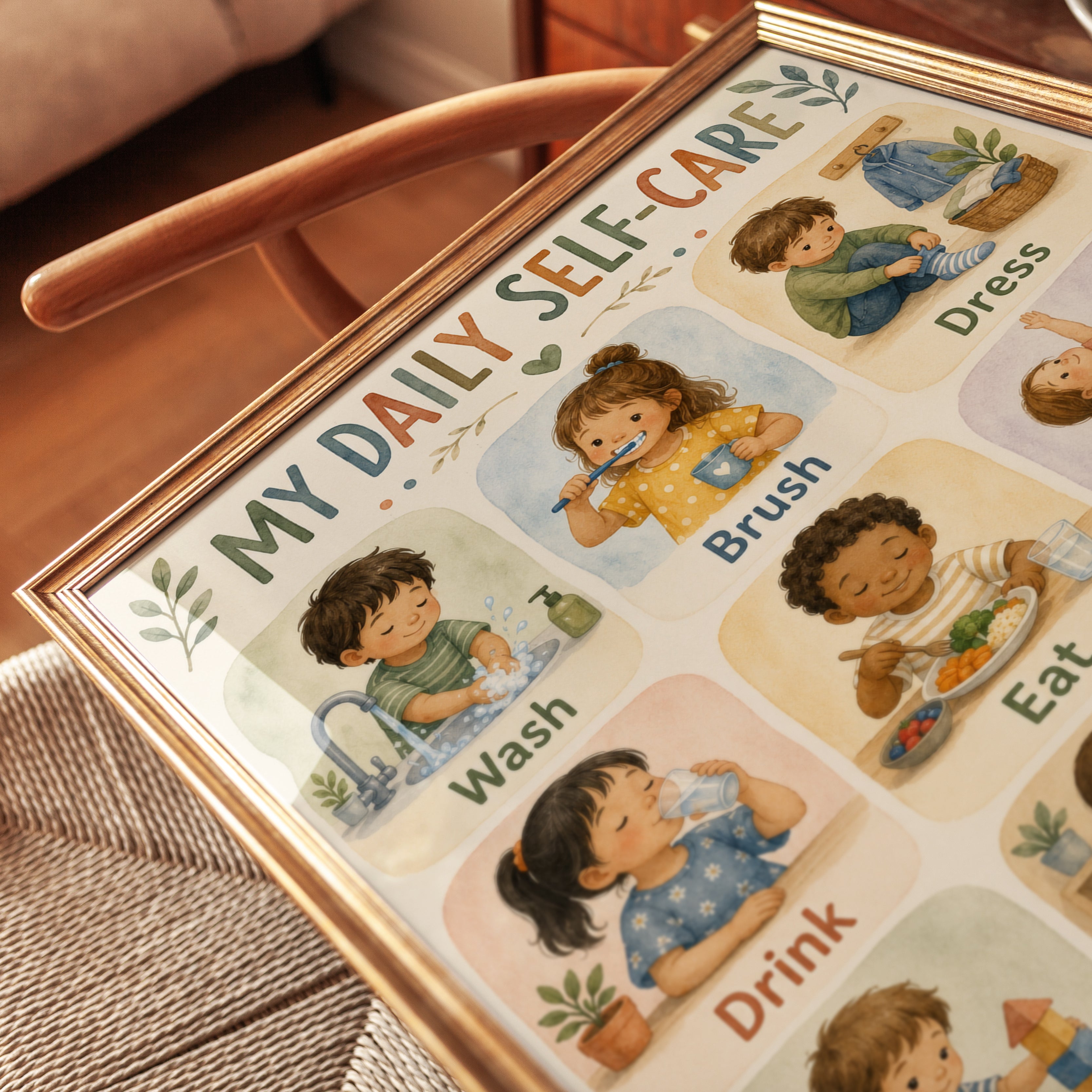 Self-Care Chart for Kids: Watercolor Daily Routine Poster - detail