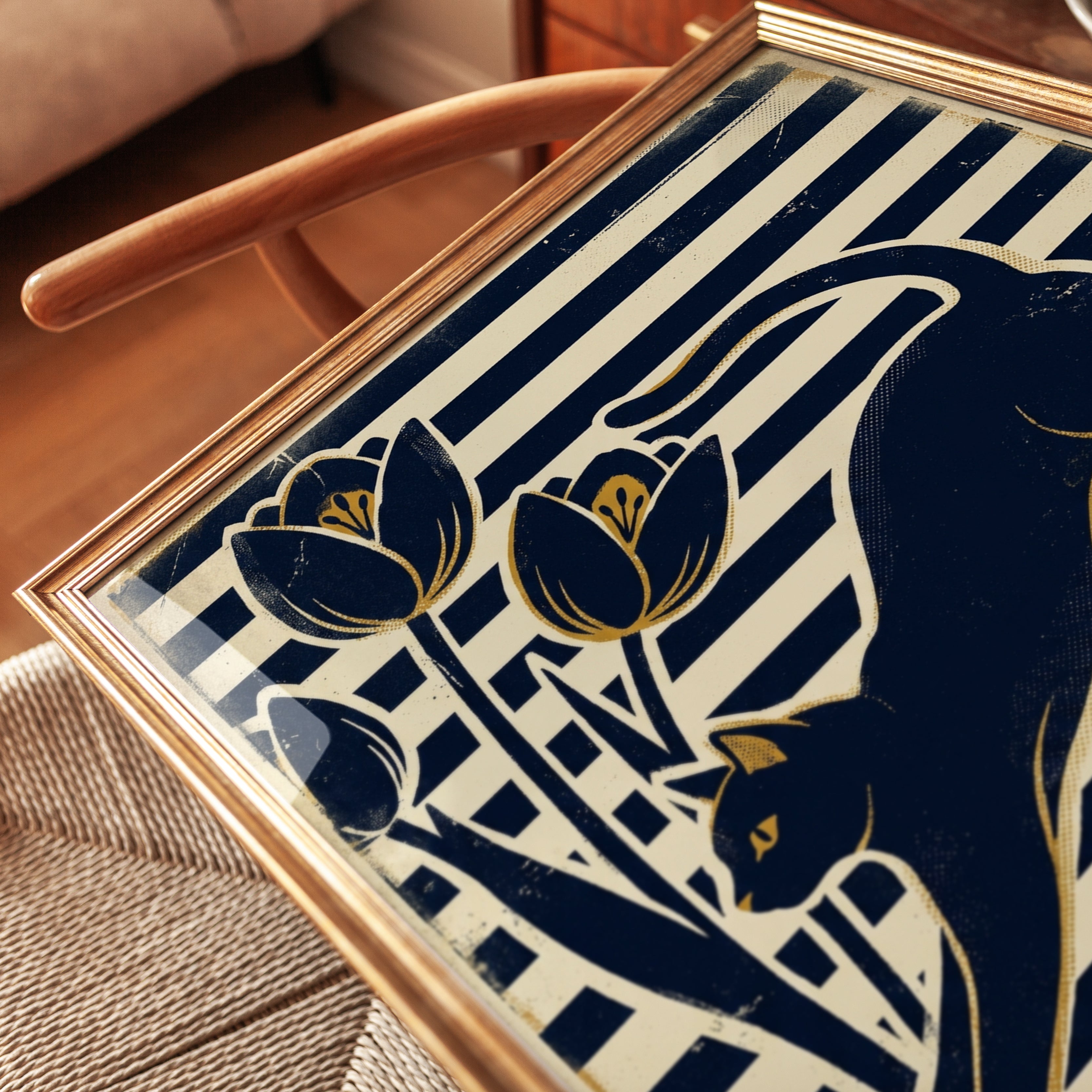 Art Deco Cat With Tulips: Navy and Gold Geometric Print - detail