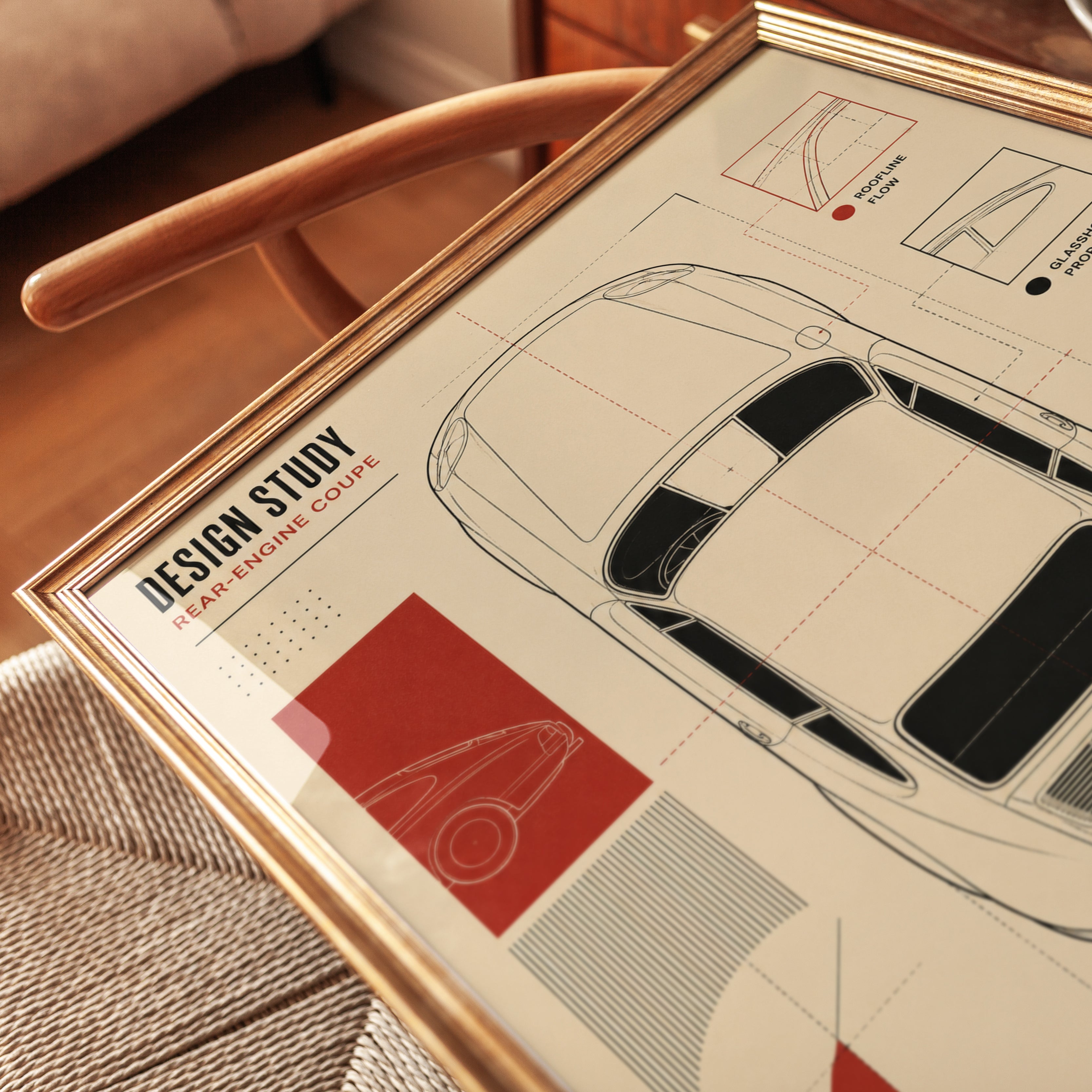 Rear-Engine Coupe Blueprint Print: Vintage Automotive Wall Art - detail