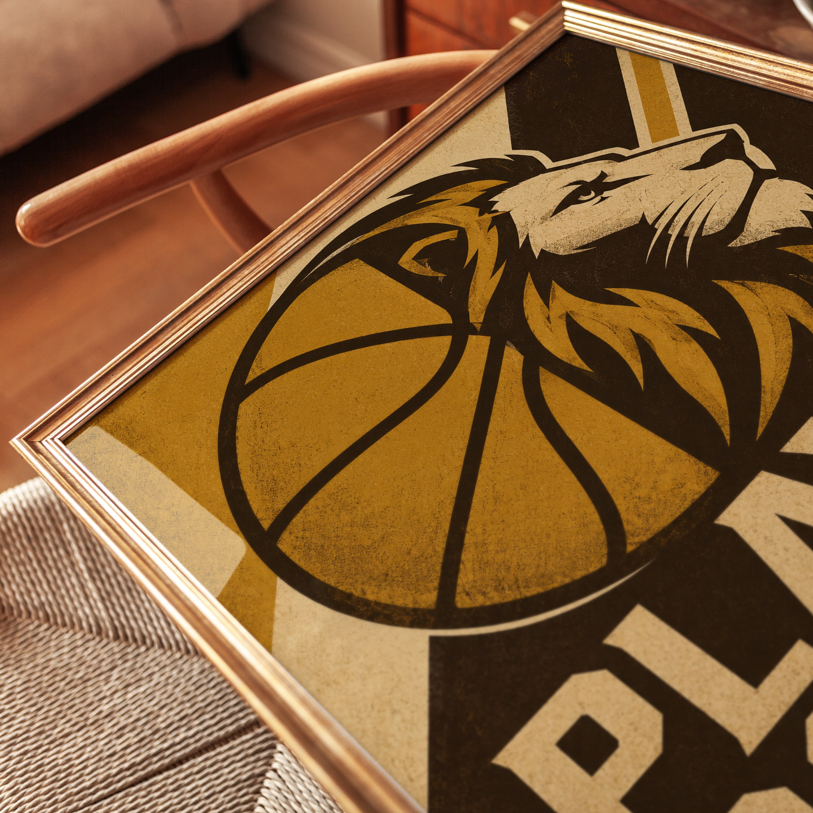 Basketball Lion Art Print: Retro Gold Sports Motivational Poster - detail