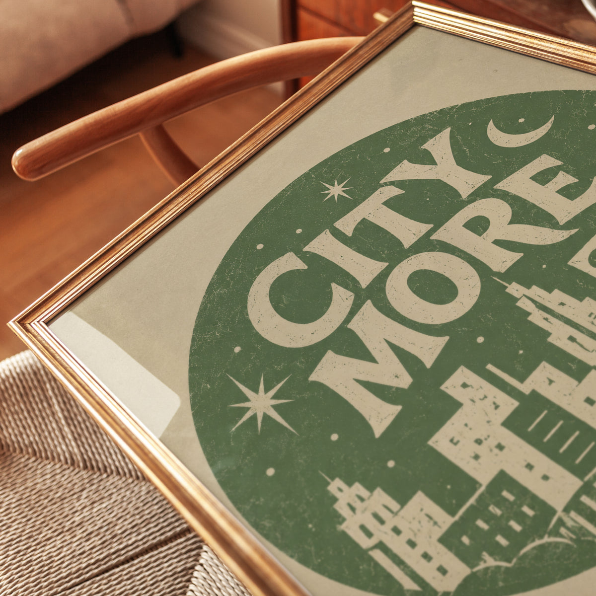 City More Chase Light Poster: Retro Green Typography Art Print - detail