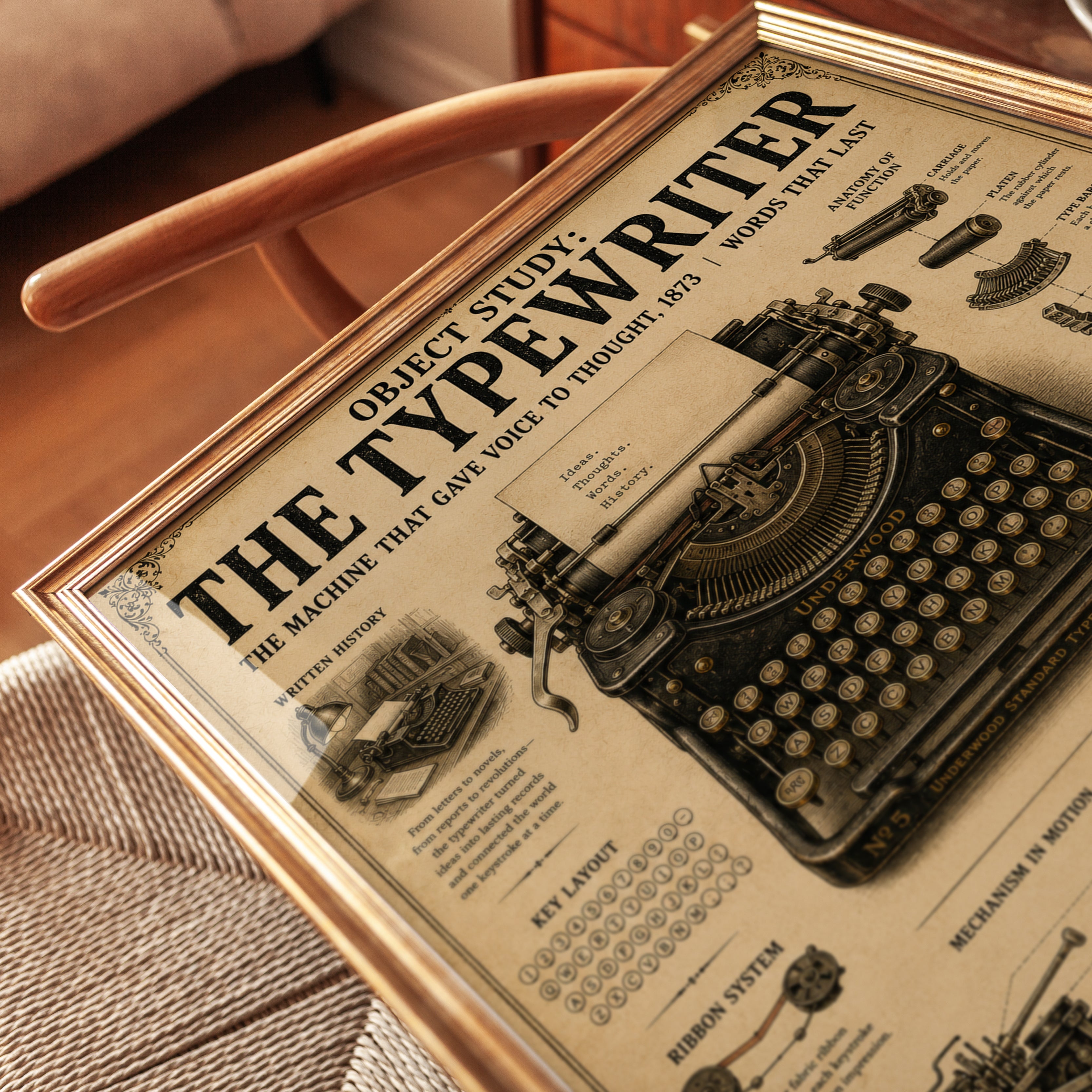 Vintage Typewriter Blueprint Poster: Victorian Technical Diagram - detail