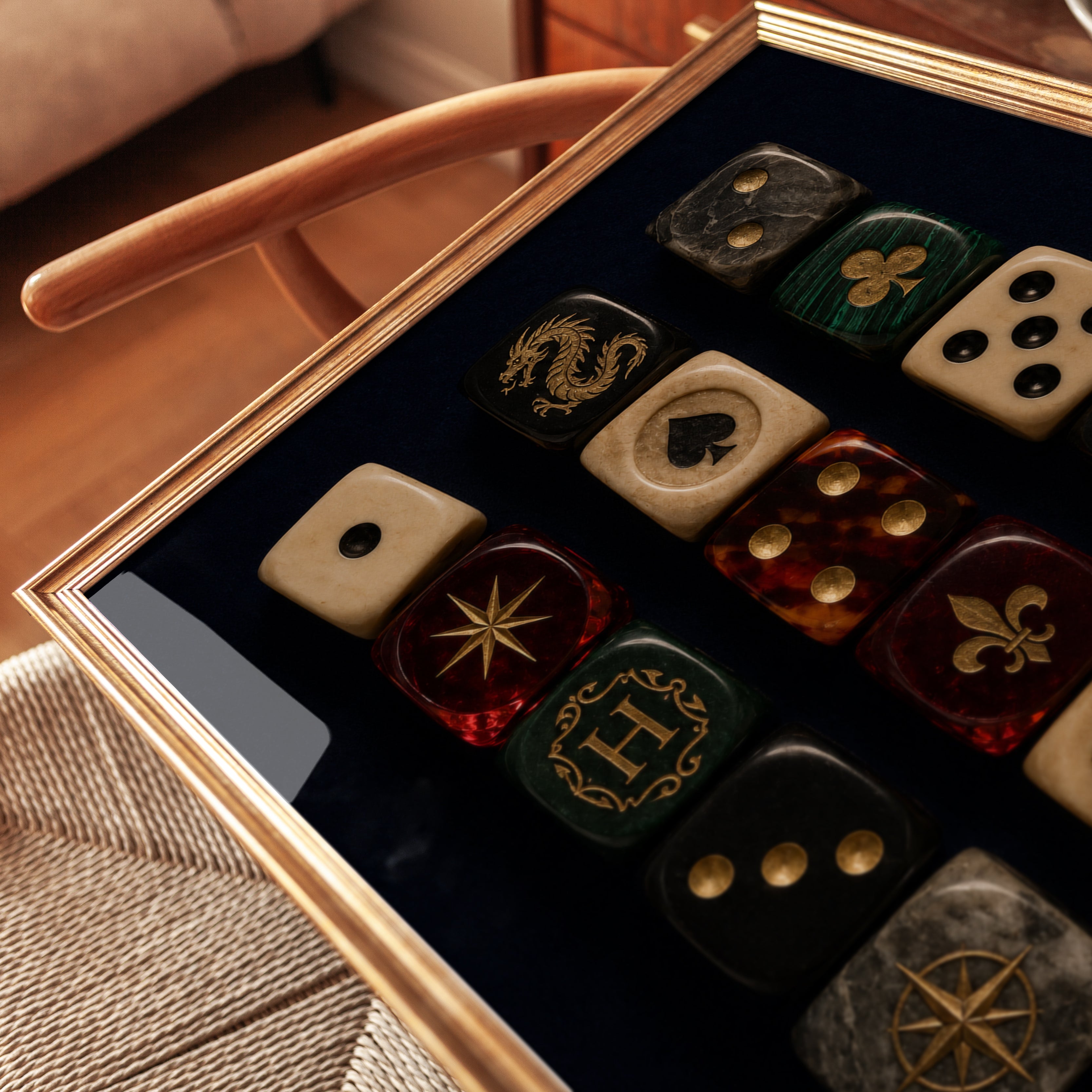 Vintage Dice Collection Wall Art: Ornate Gaming Symbols Print - detail