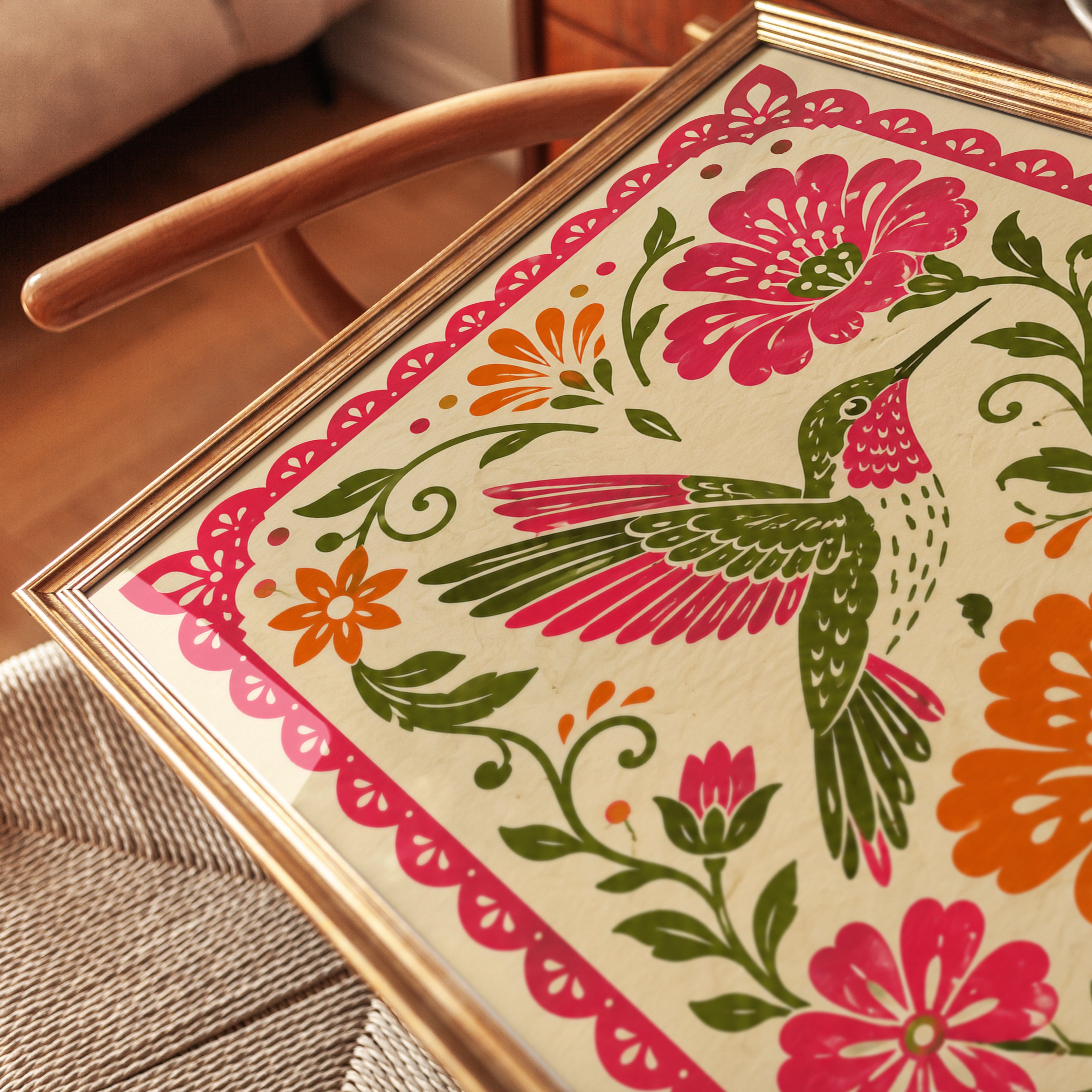 Folk Art Hummingbird Print – Floral Wall Art - detail