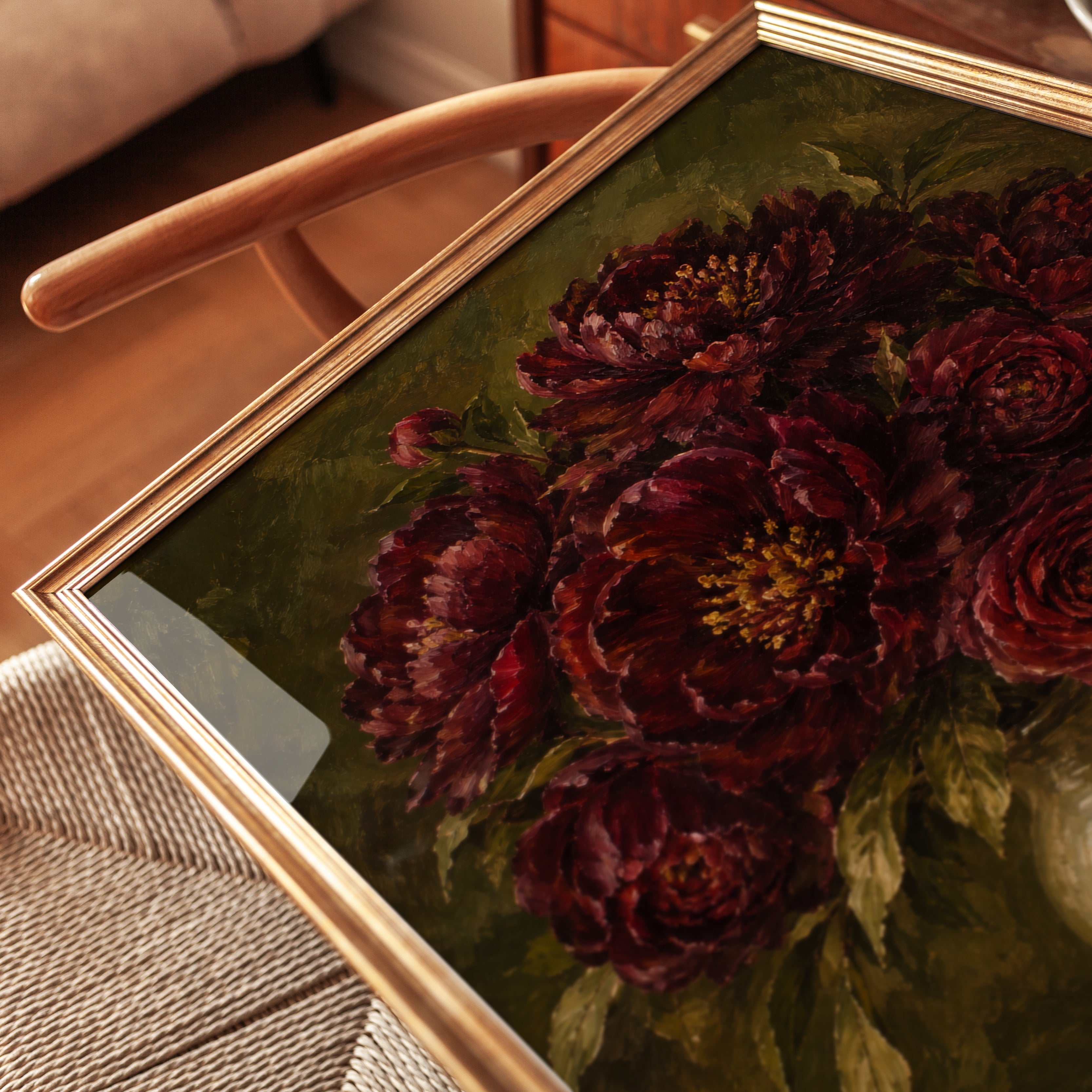 Dark Floral Wall Art – Burgundy Peony Print - detail