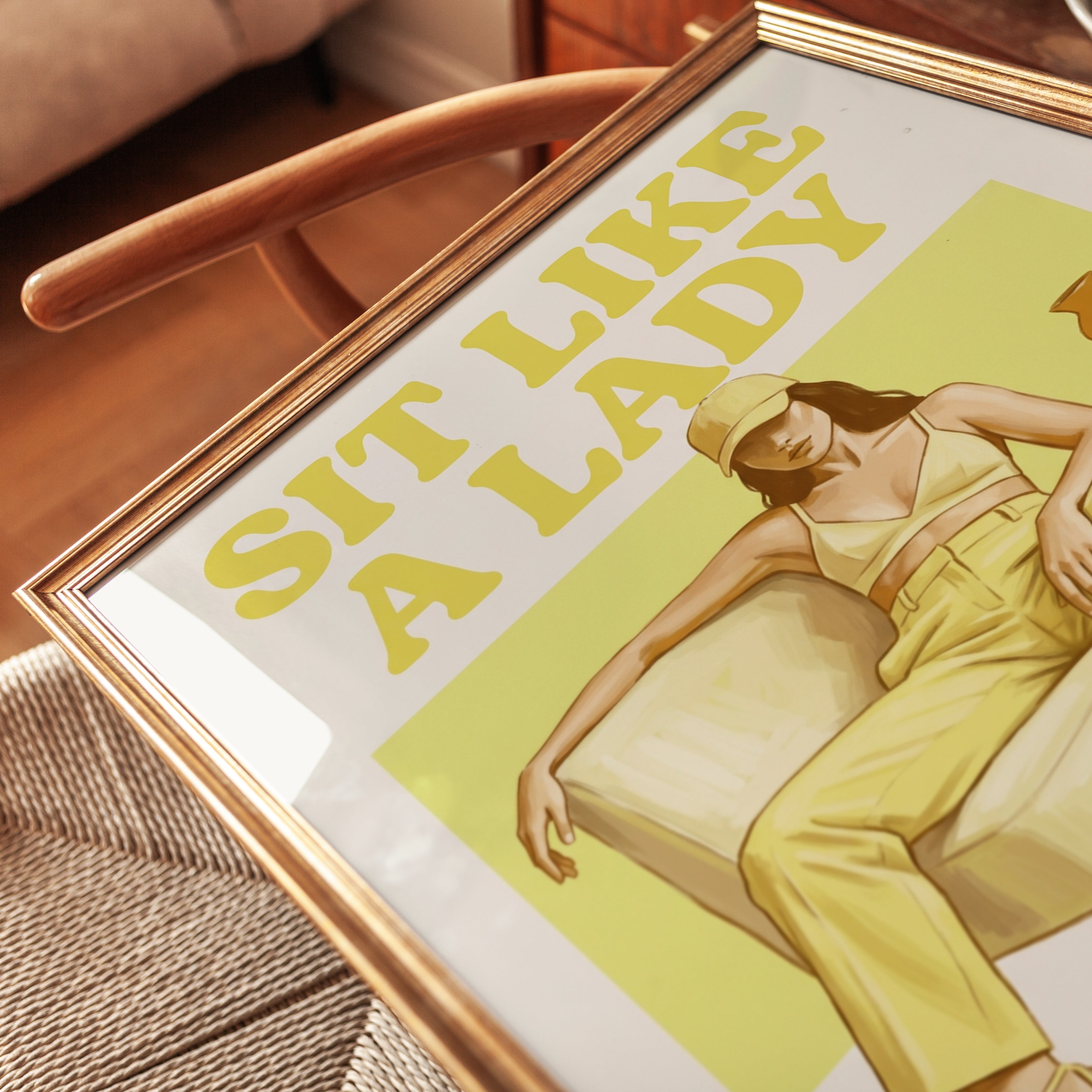 Sit Like A Lady Poster: Retro Yellow Fashion Illustration - detail