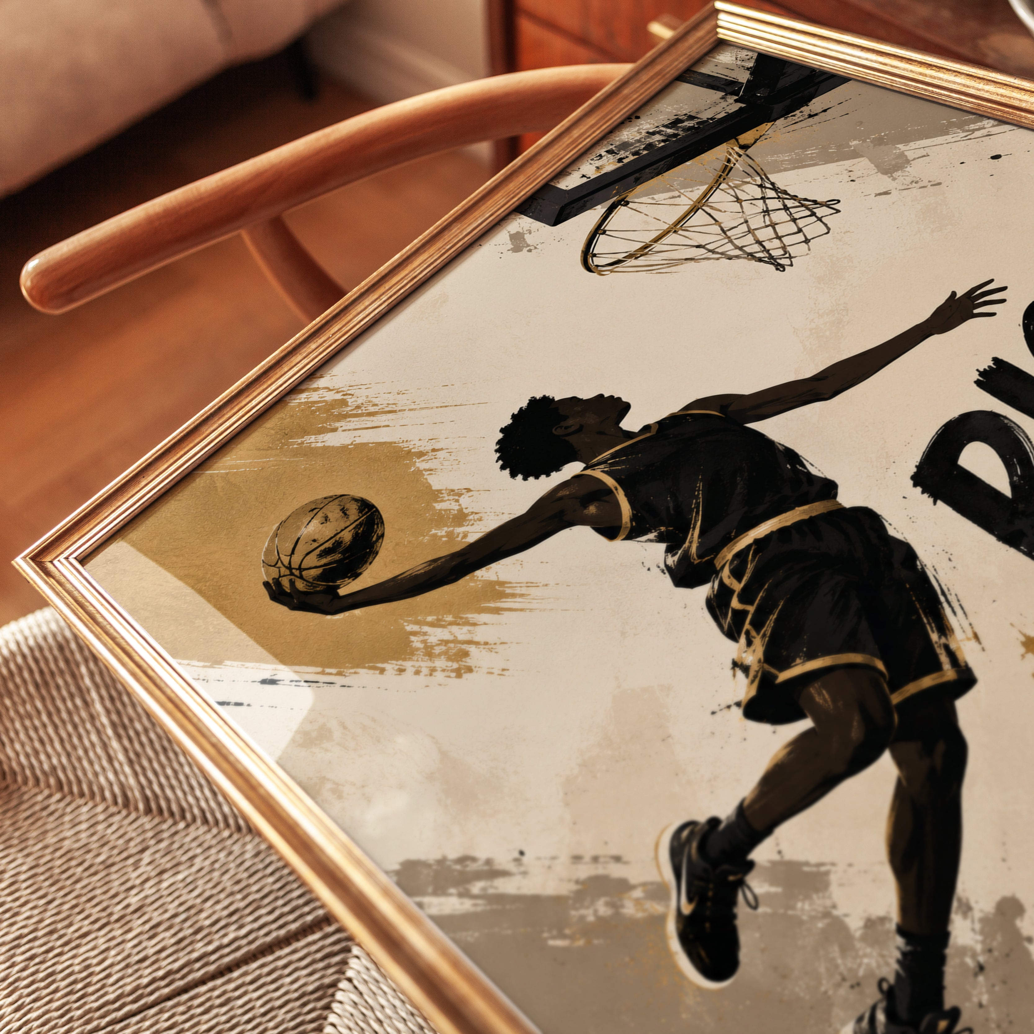 Basketball Slam Dunk Poster: Urban Sports Art in Gold and Black - detail