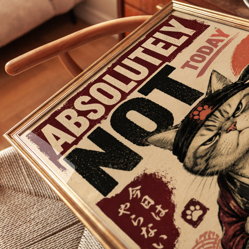 Absolutely Not Today Samurai Cat: Japanese Retro Poster Art - detail