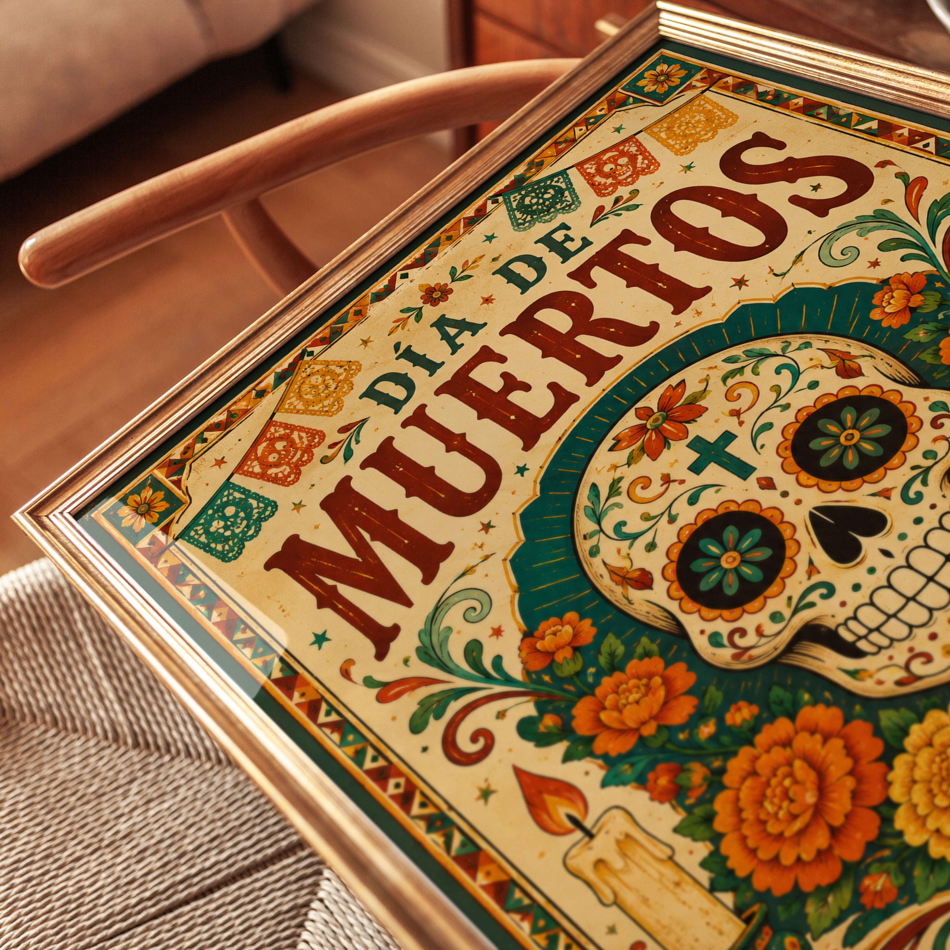 Día de Muertos Art Print: Sugar Skull with Marigolds - detail