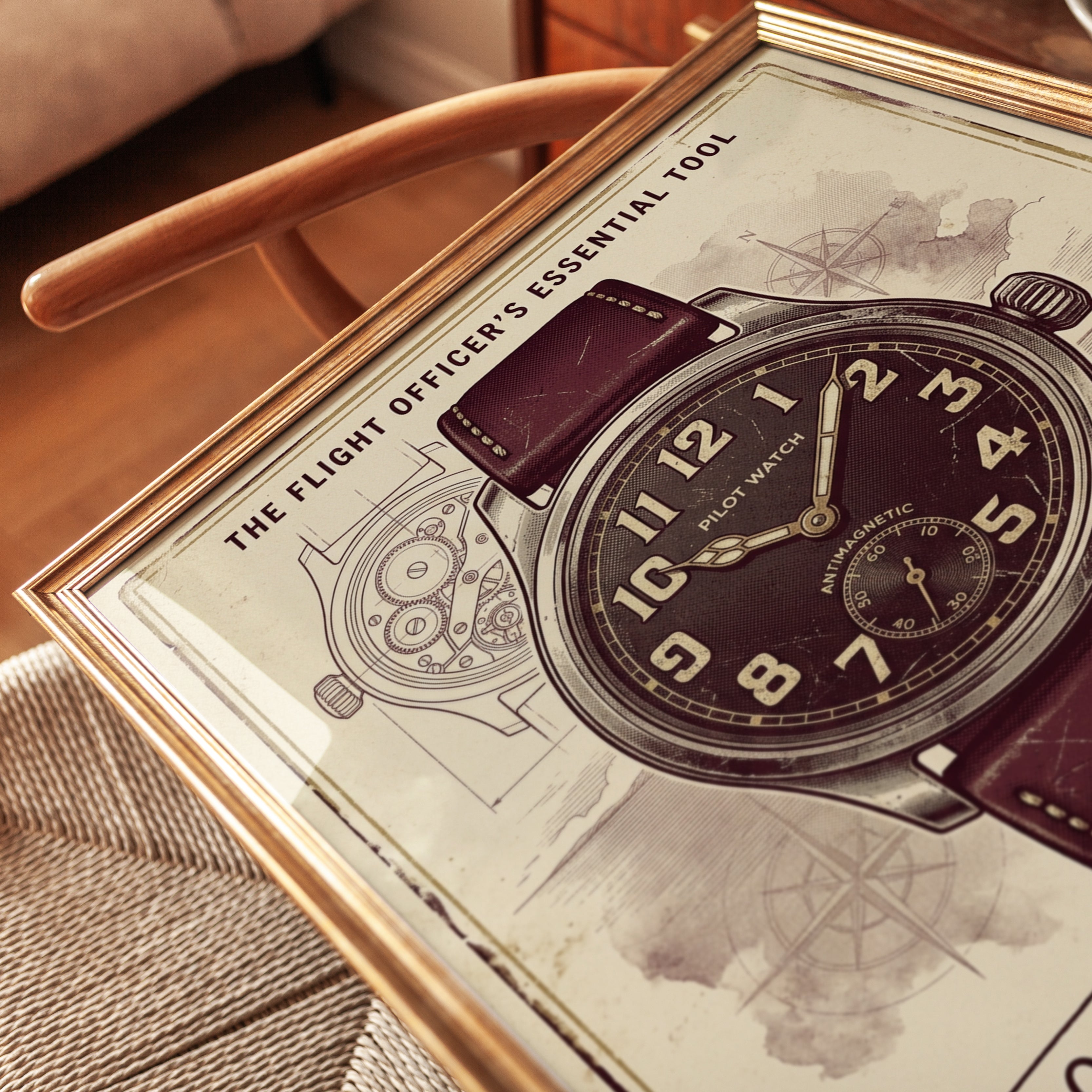 Vintage Pilot Watch Poster: Art Deco Aviation Instrument Print - detail